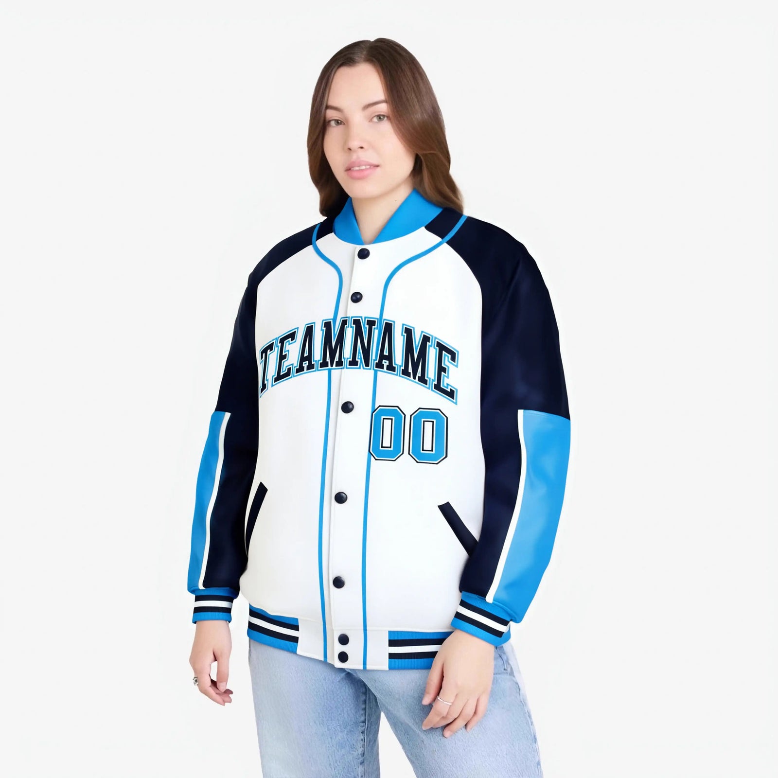 Custom White Navy-Powder Blue Varsity Full-Snap Color Block Letterman Jacket