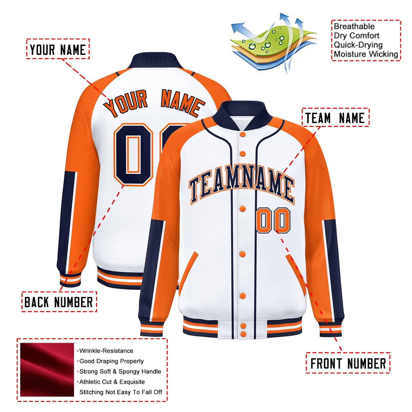 Custom White Orange-Navy Varsity Full-Snap Color Block Letterman Jacket