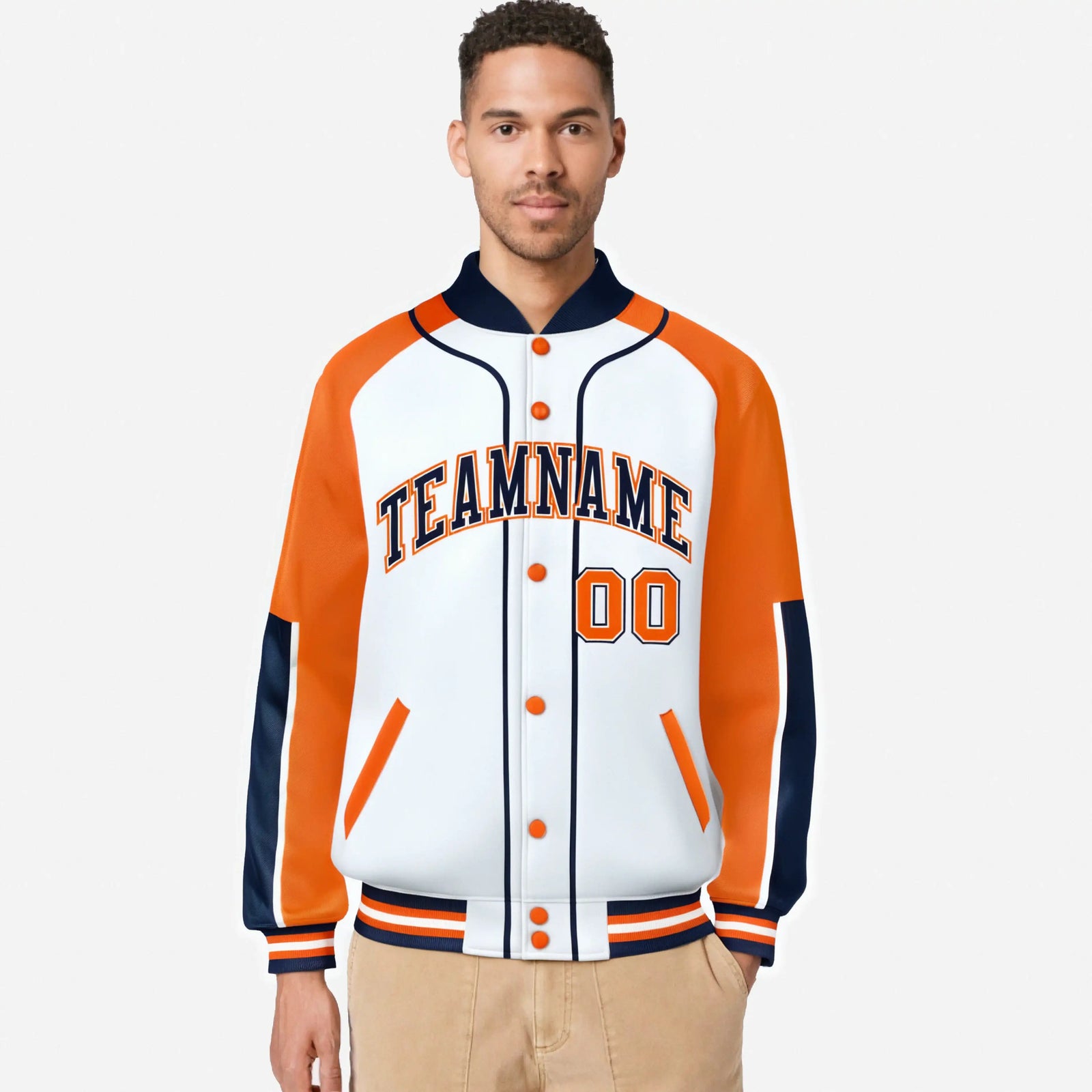 Custom White Orange-Navy Varsity Full-Snap Color Block Letterman Jacket