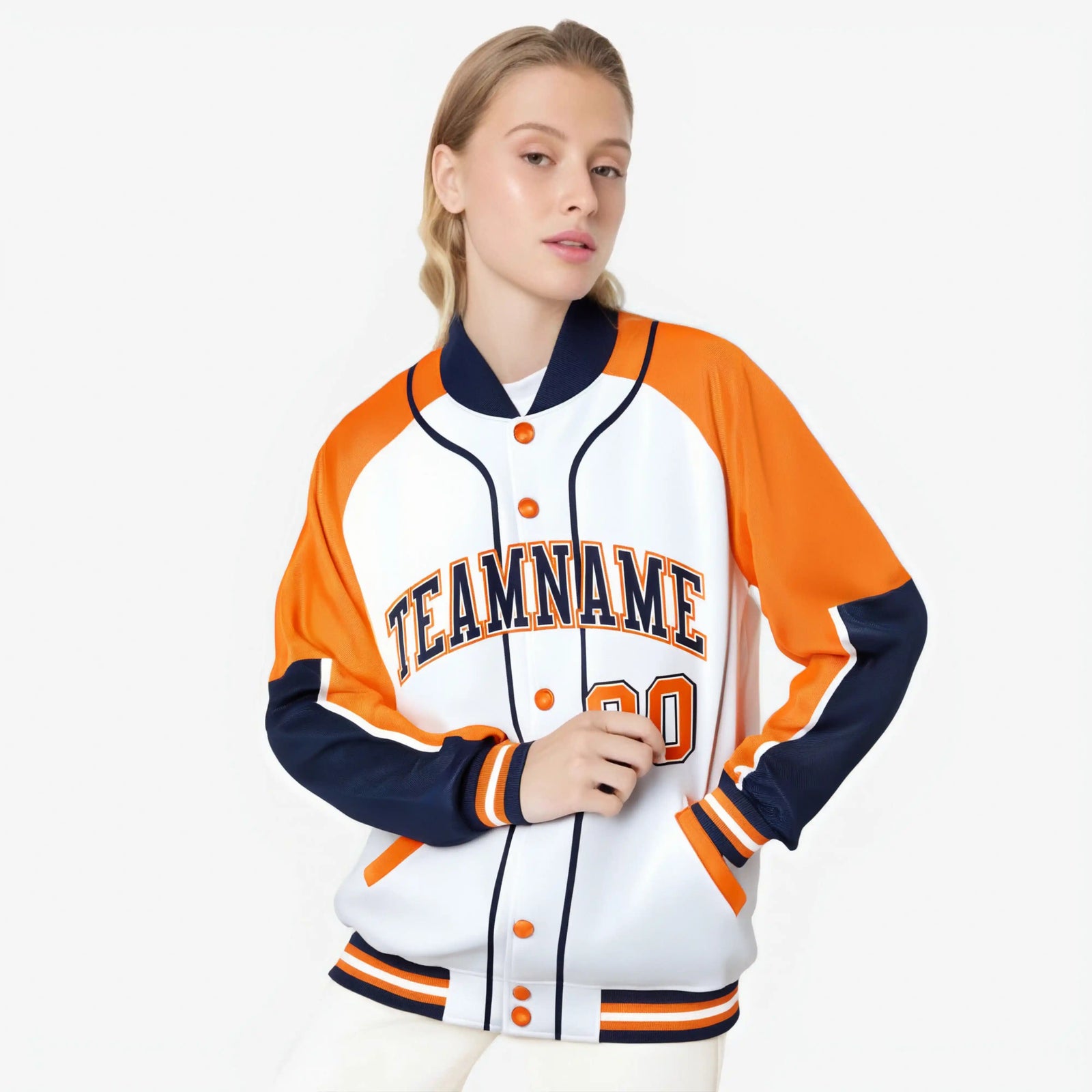 Custom White Orange-Navy Varsity Full-Snap Color Block Letterman Jacket