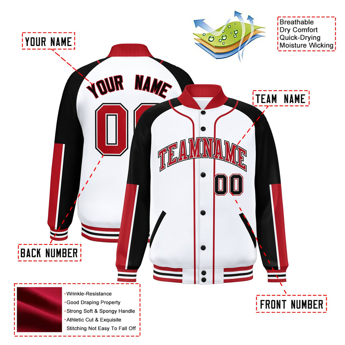 Custom White Black-Red Varsity Full-Snap Color Block Letterman Jacket