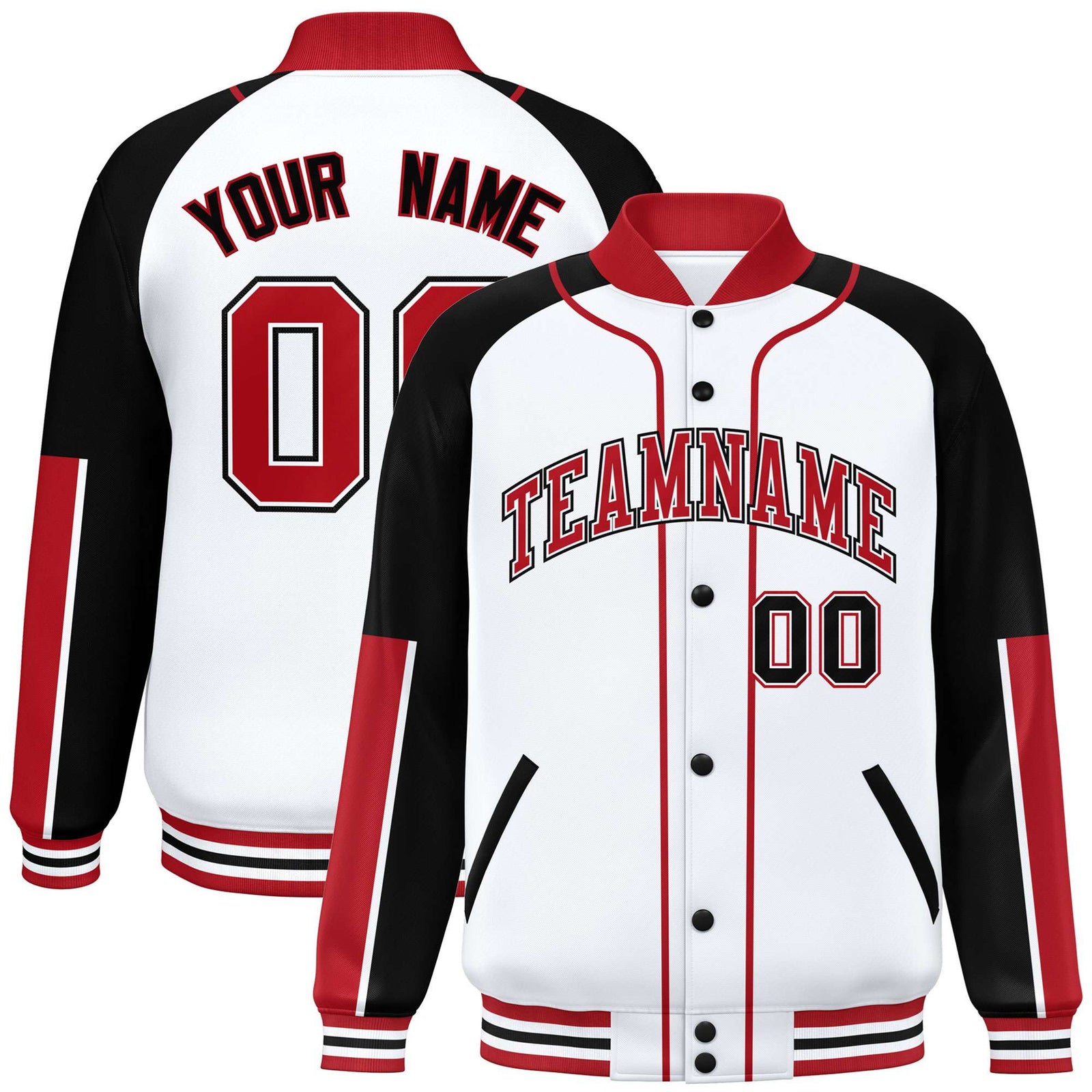 Custom White Black-Red Varsity Full-Snap Color Block Letterman Jacket