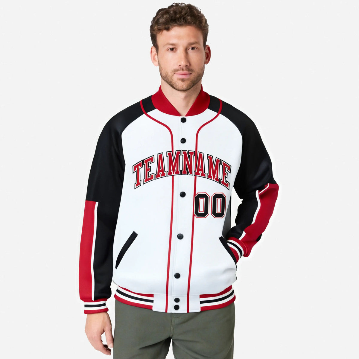 Custom White Black-Red Varsity Full-Snap Color Block Letterman Jacket