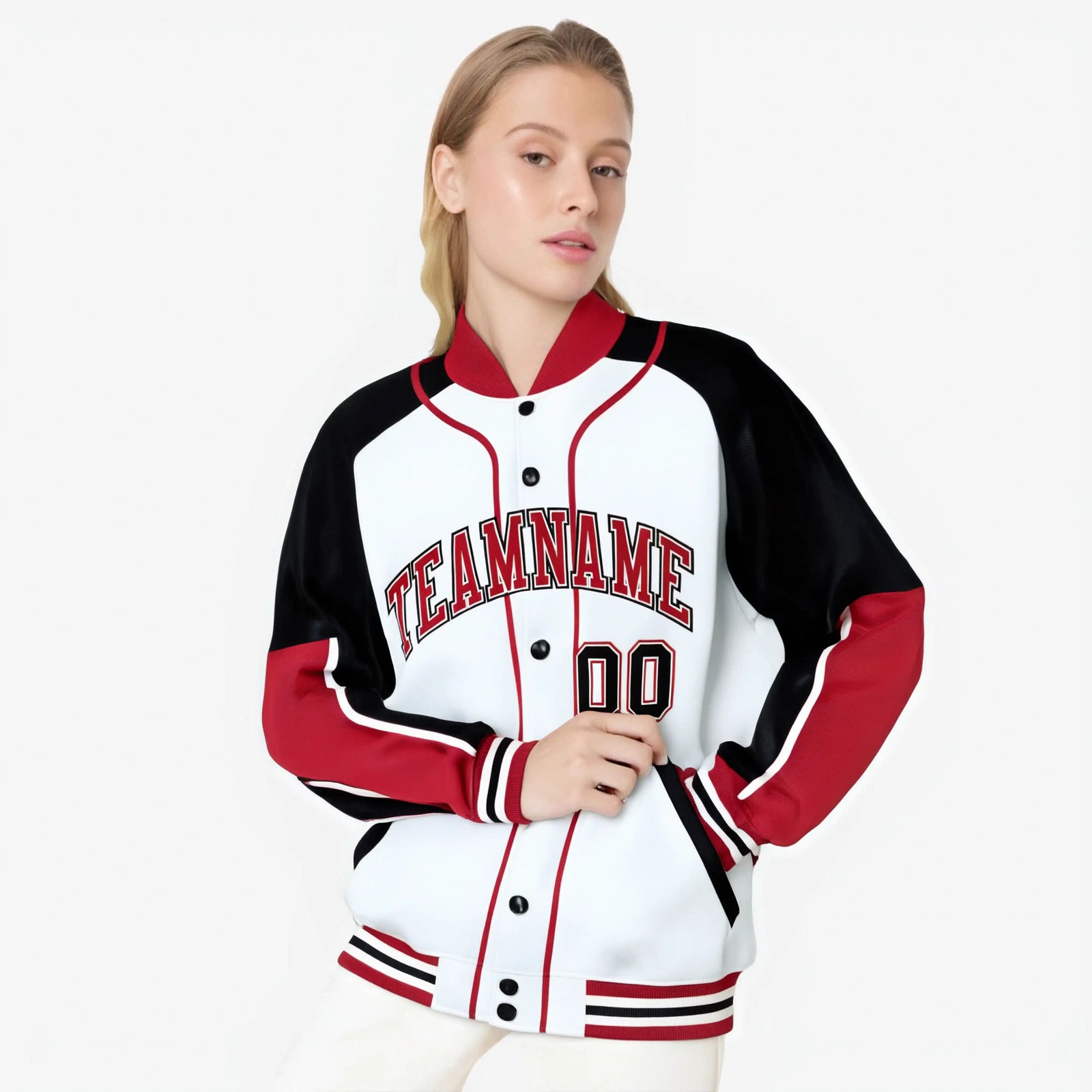 Custom White Black-Red Varsity Full-Snap Color Block Letterman Jacket