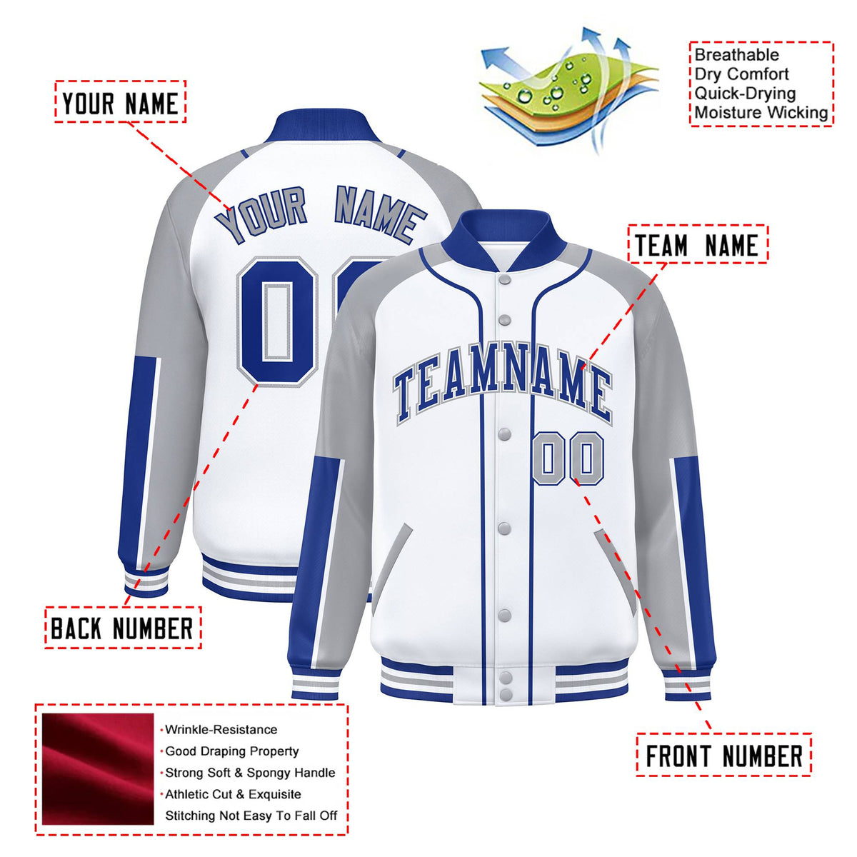 Custom White Gray-Royal Blue Varsity Full-Snap Color Block Letterman Jacket