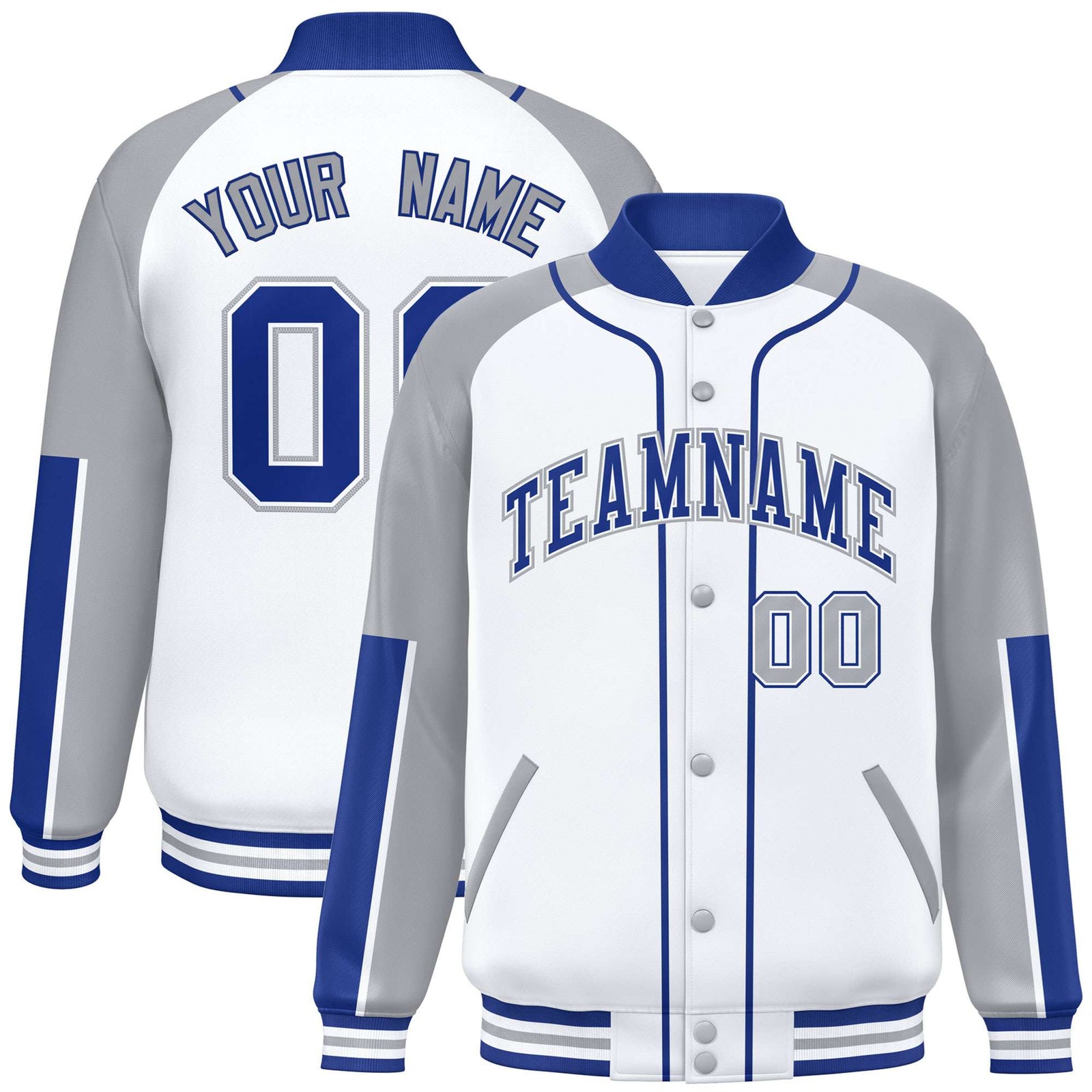 Custom White Gray-Royal Blue Varsity Full-Snap Color Block Letterman Jacket