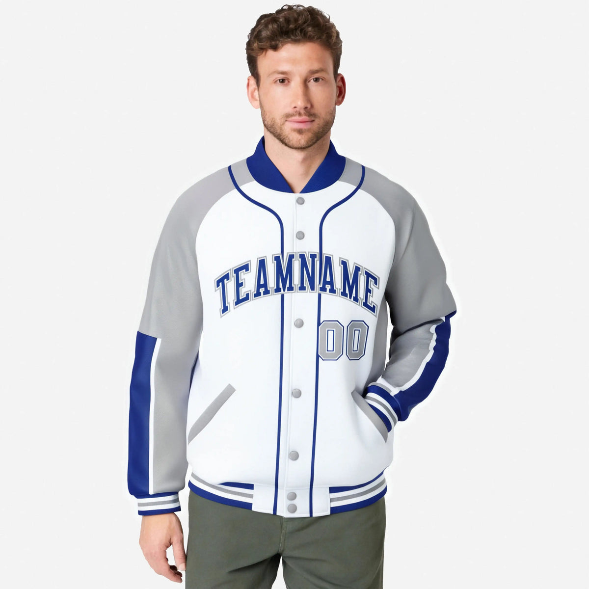 Custom White Gray-Royal Blue Varsity Full-Snap Color Block Letterman Jacket