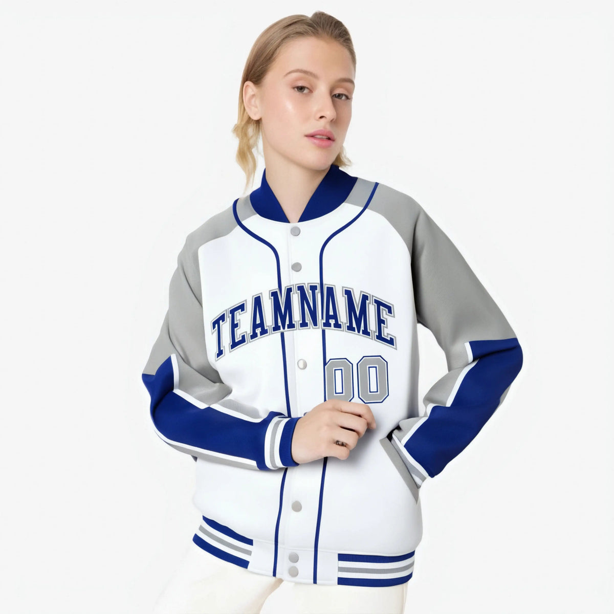 Custom White Gray-Royal Blue Varsity Full-Snap Color Block Letterman Jacket