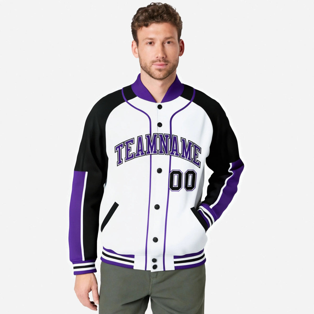 Custom White Black-Purple Varsity Full-Snap Color Block Letterman Jacket