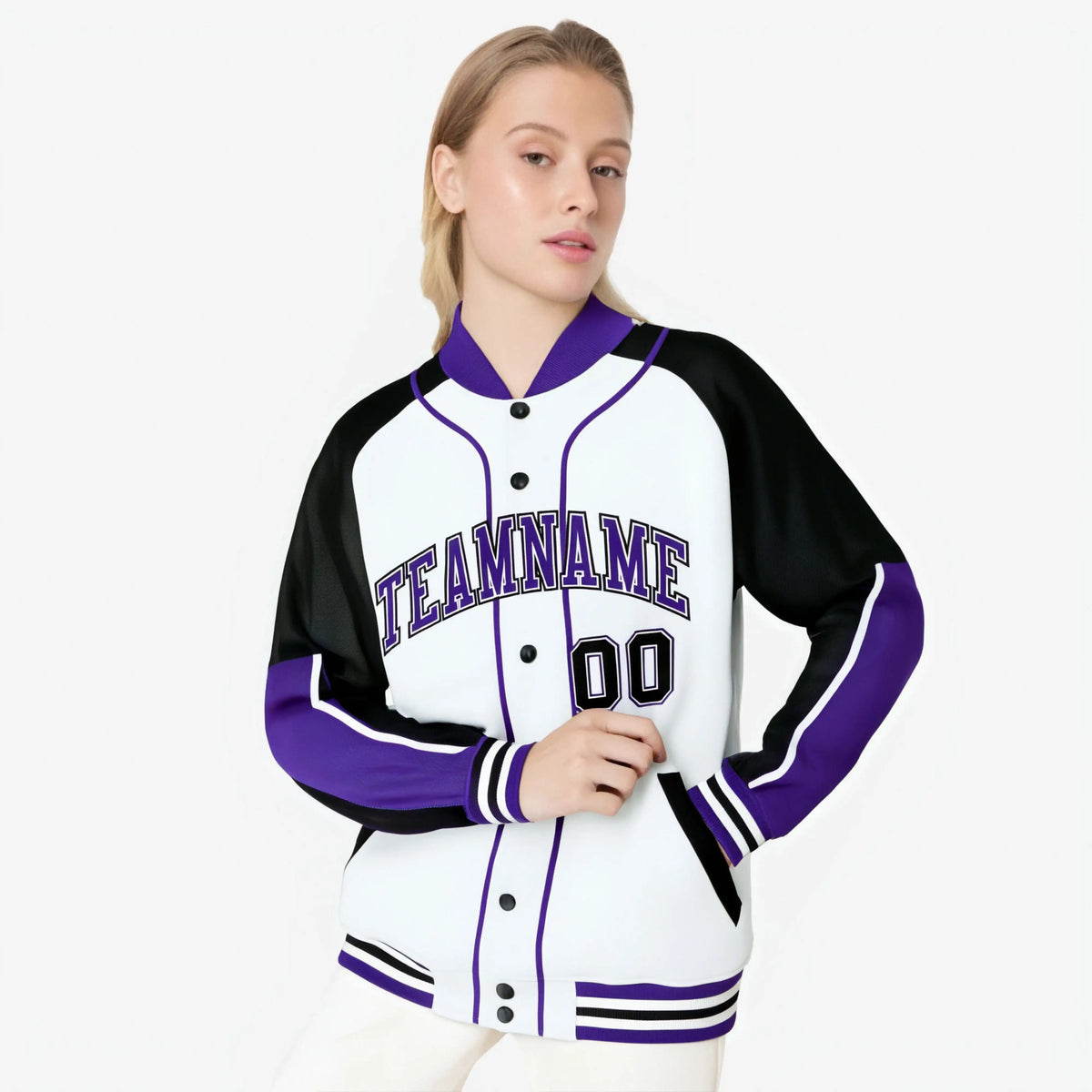 Custom White Black-Purple Varsity Full-Snap Color Block Letterman Jacket