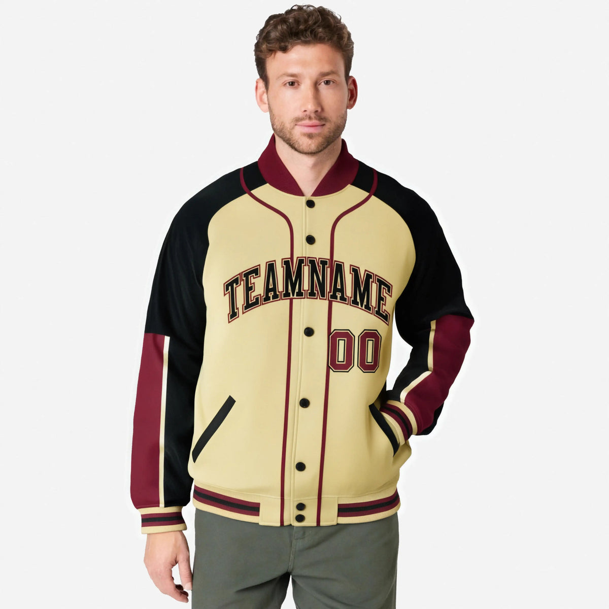 Custom Khaki Black-Crimson Varsity Full-Snap Color Block Letterman Jacket