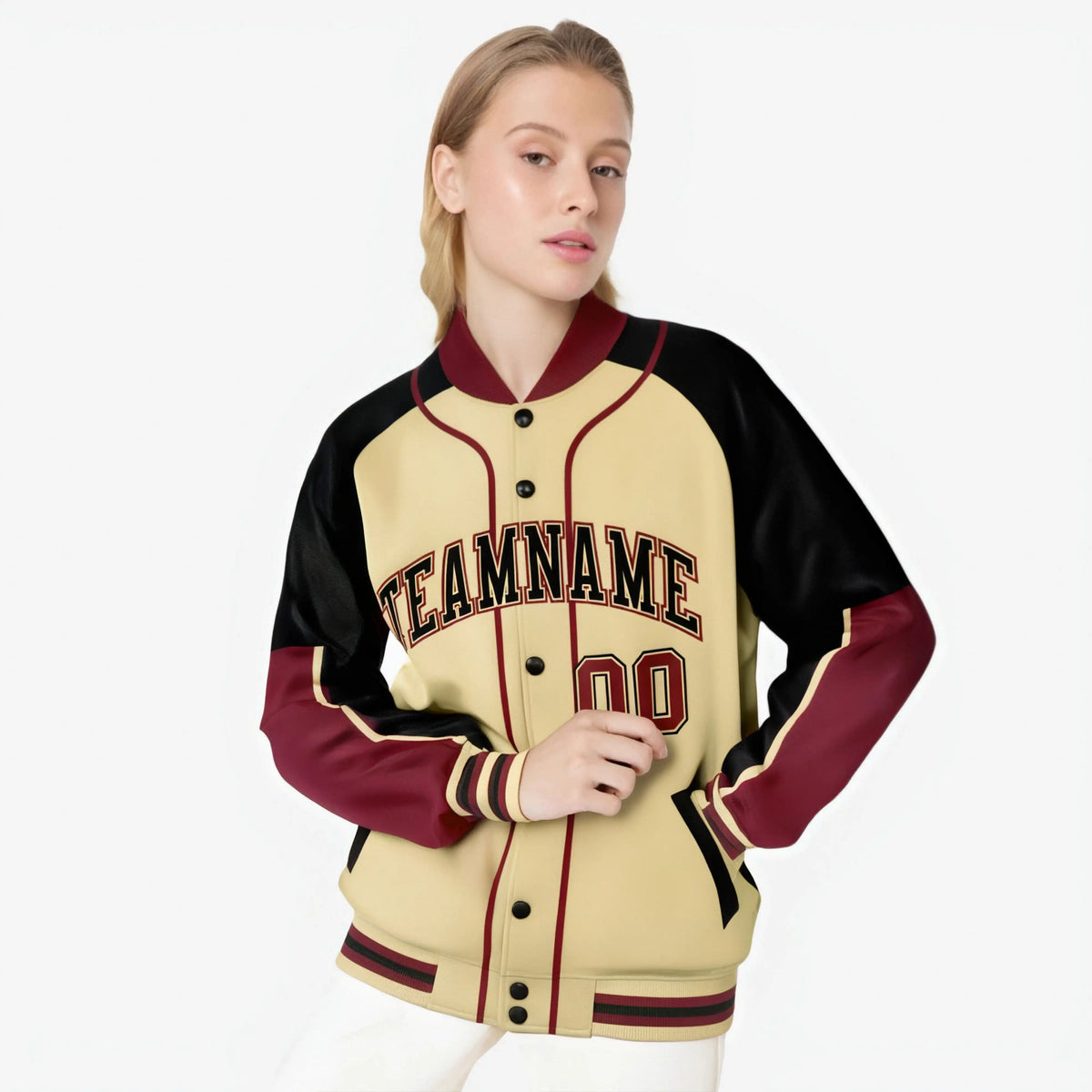 Custom Khaki Black-Crimson Varsity Full-Snap Color Block Letterman Jacket