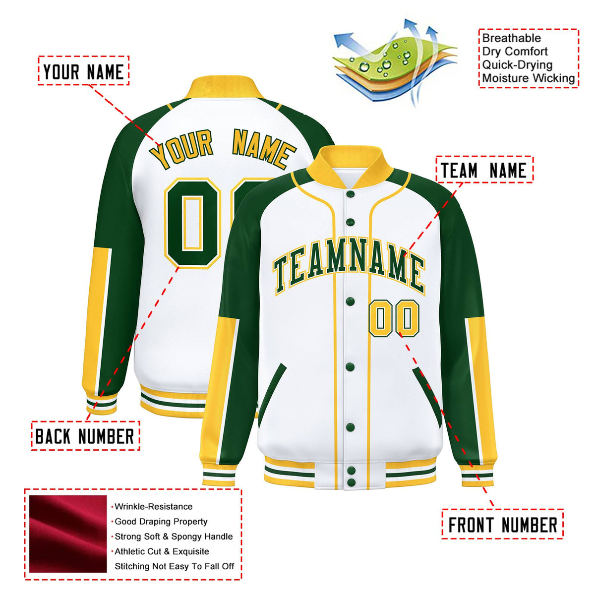 Custom White Green-Gold Varsity Full-Snap Color Block Letterman Jacket