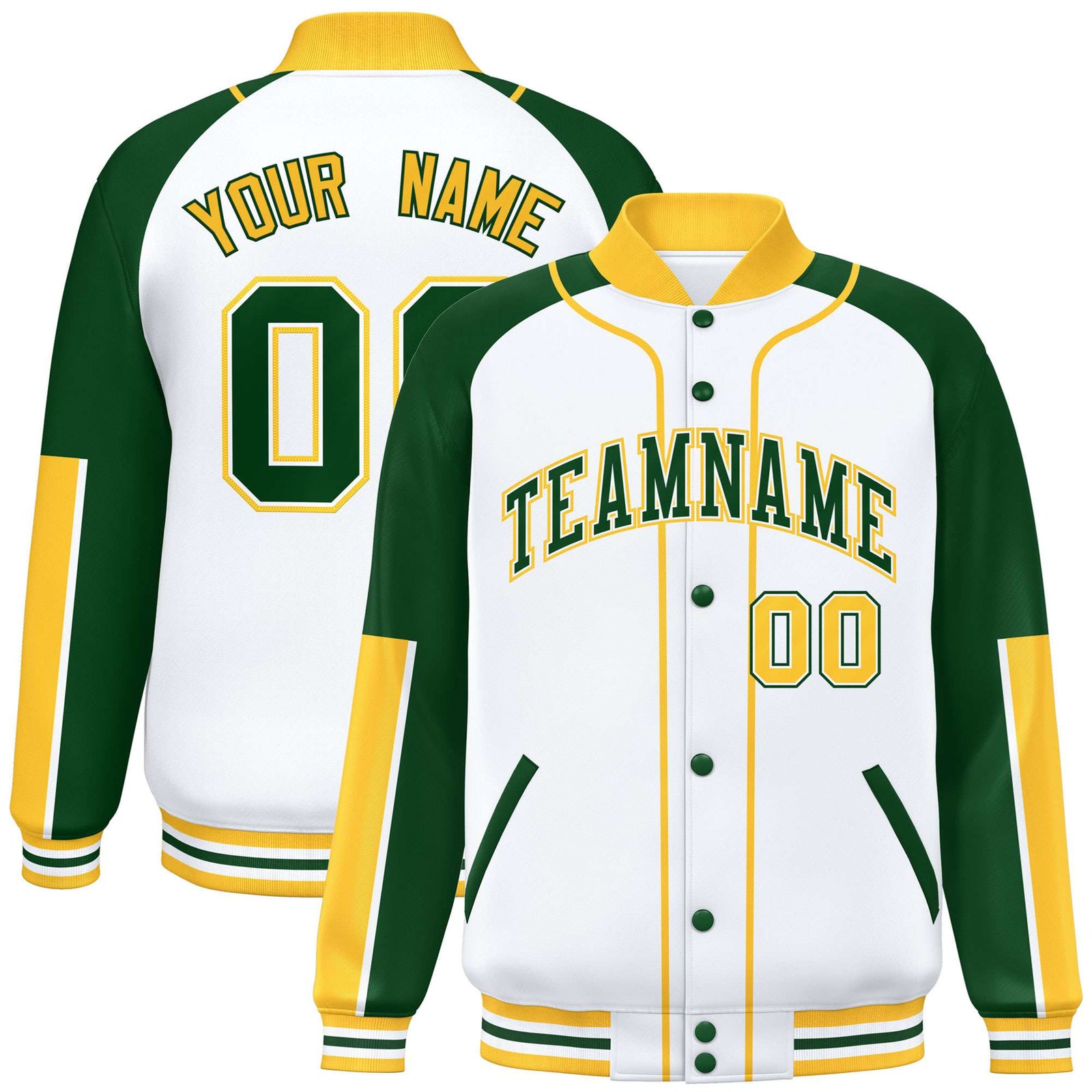 Custom White Green-Gold Varsity Full-Snap Color Block Letterman Jacket