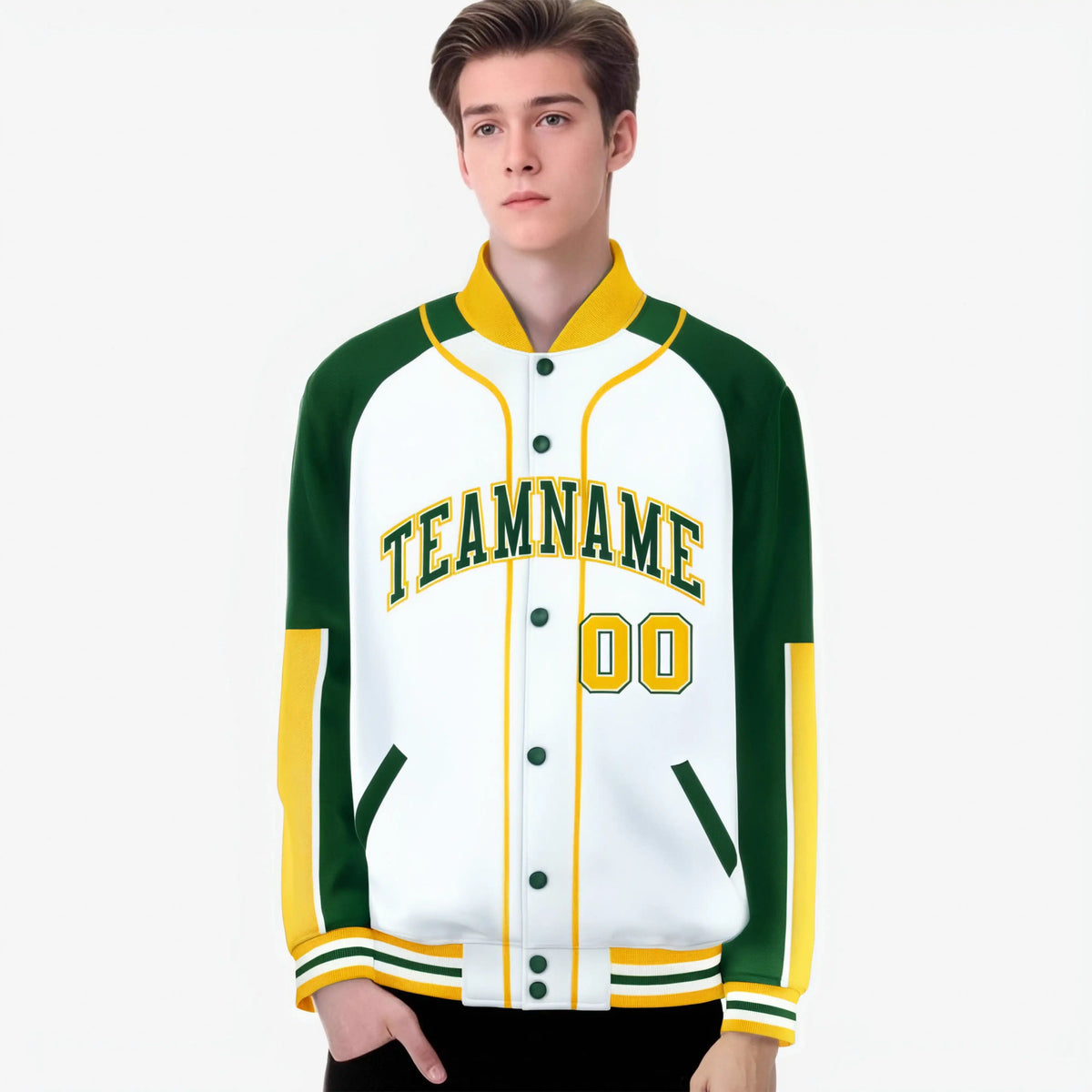 Custom White Green-Gold Varsity Full-Snap Color Block Letterman Jacket