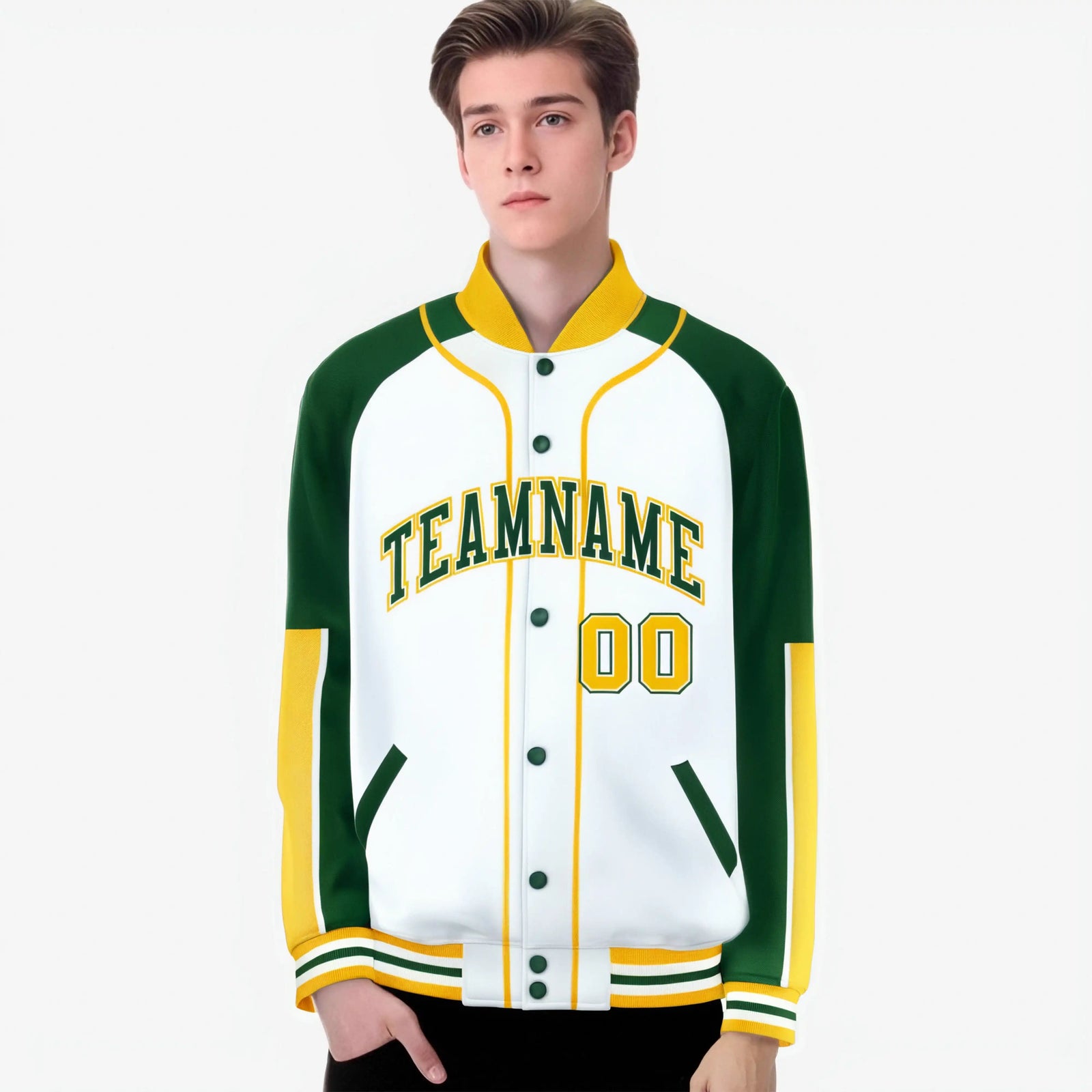 Custom White Green-Gold Varsity Full-Snap Color Block Letterman Jacket