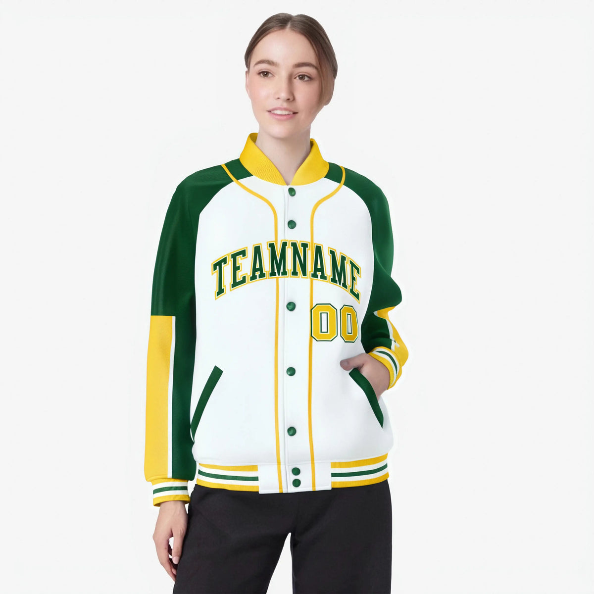 Custom White Green-Gold Varsity Full-Snap Color Block Letterman Jacket