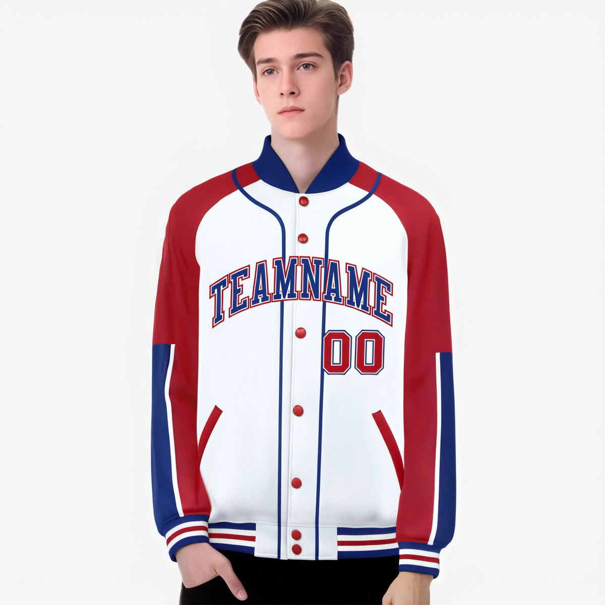 Custom White Red-Royal Blue Varsity Full-Snap Color Block Letterman Jacket