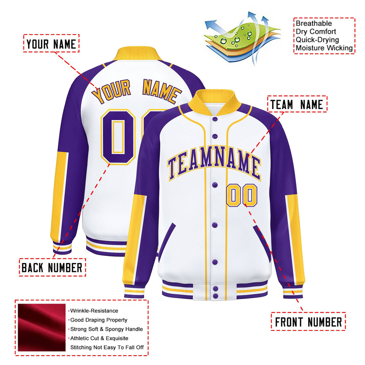 Custom White Purple-Gold Varsity Full-Snap Color Block Letterman Jacket