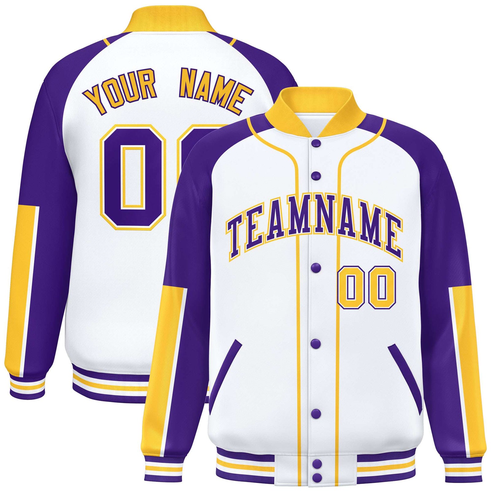 Custom White Purple-Gold Varsity Full-Snap Color Block Letterman Jacket