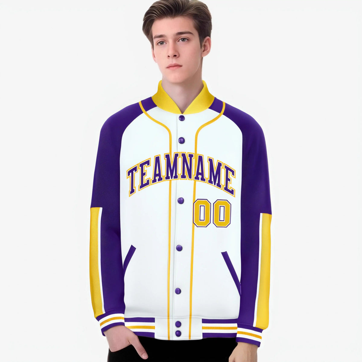 Custom White Purple-Gold Varsity Full-Snap Color Block Letterman Jacket