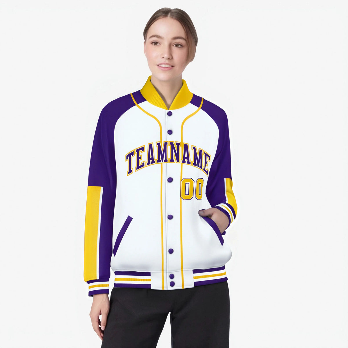 Custom White Purple-Gold Varsity Full-Snap Color Block Letterman Jacket