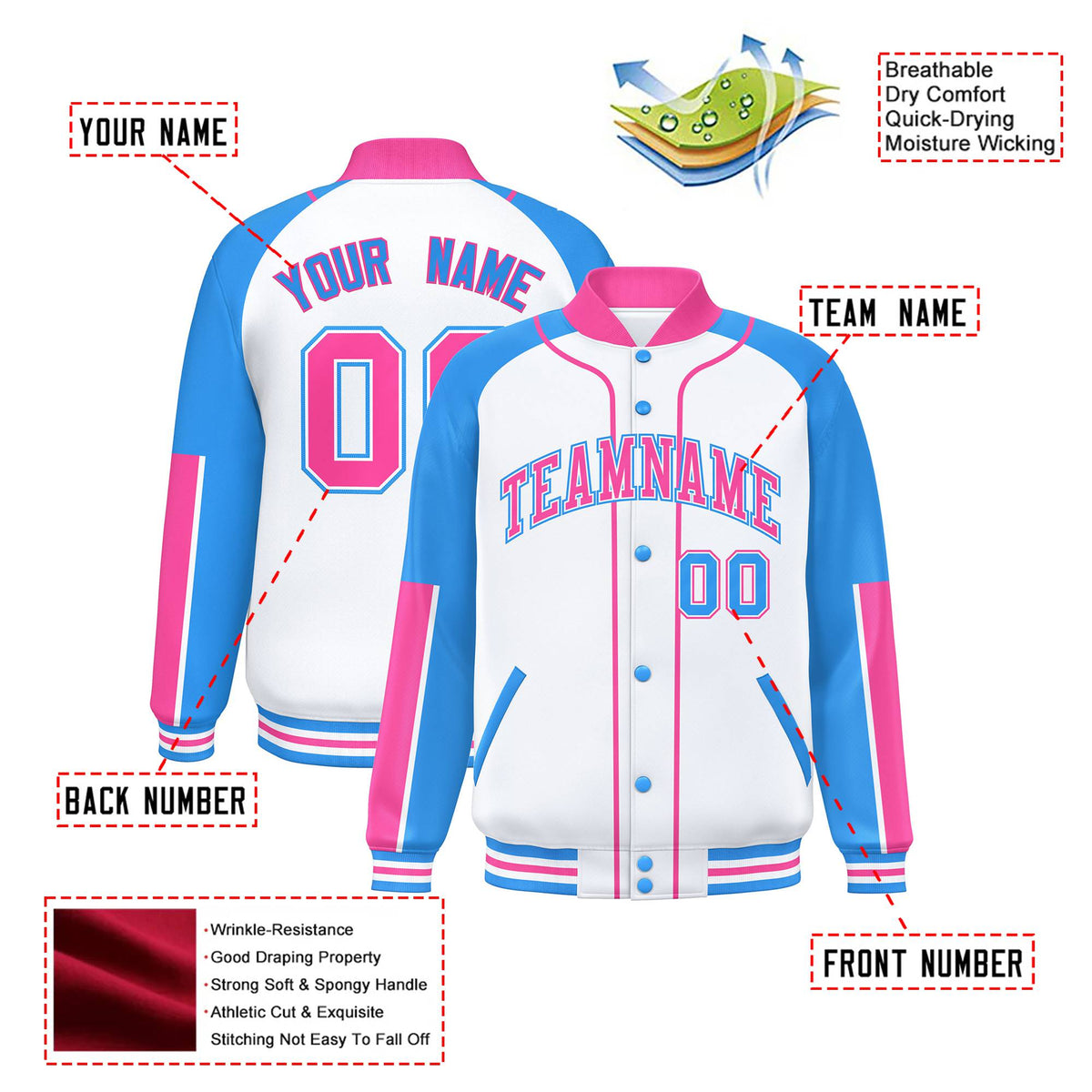 Custom White Powder Blue-Pink Varsity Full-Snap Color Block Letterman Jacket