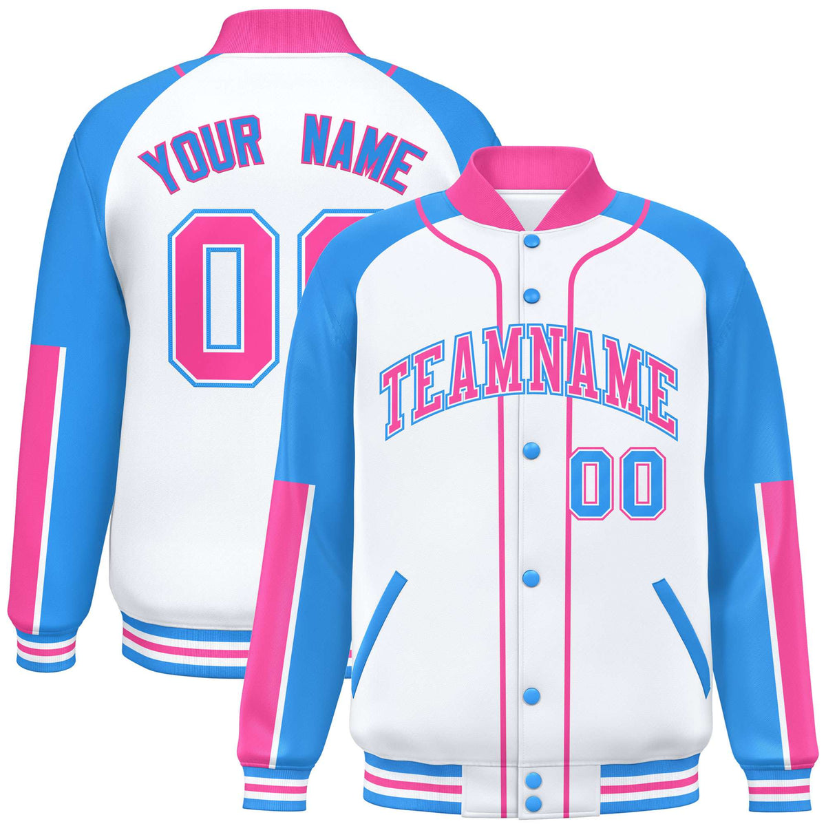 Custom White Powder Blue-Pink Varsity Full-Snap Color Block Letterman Jacket