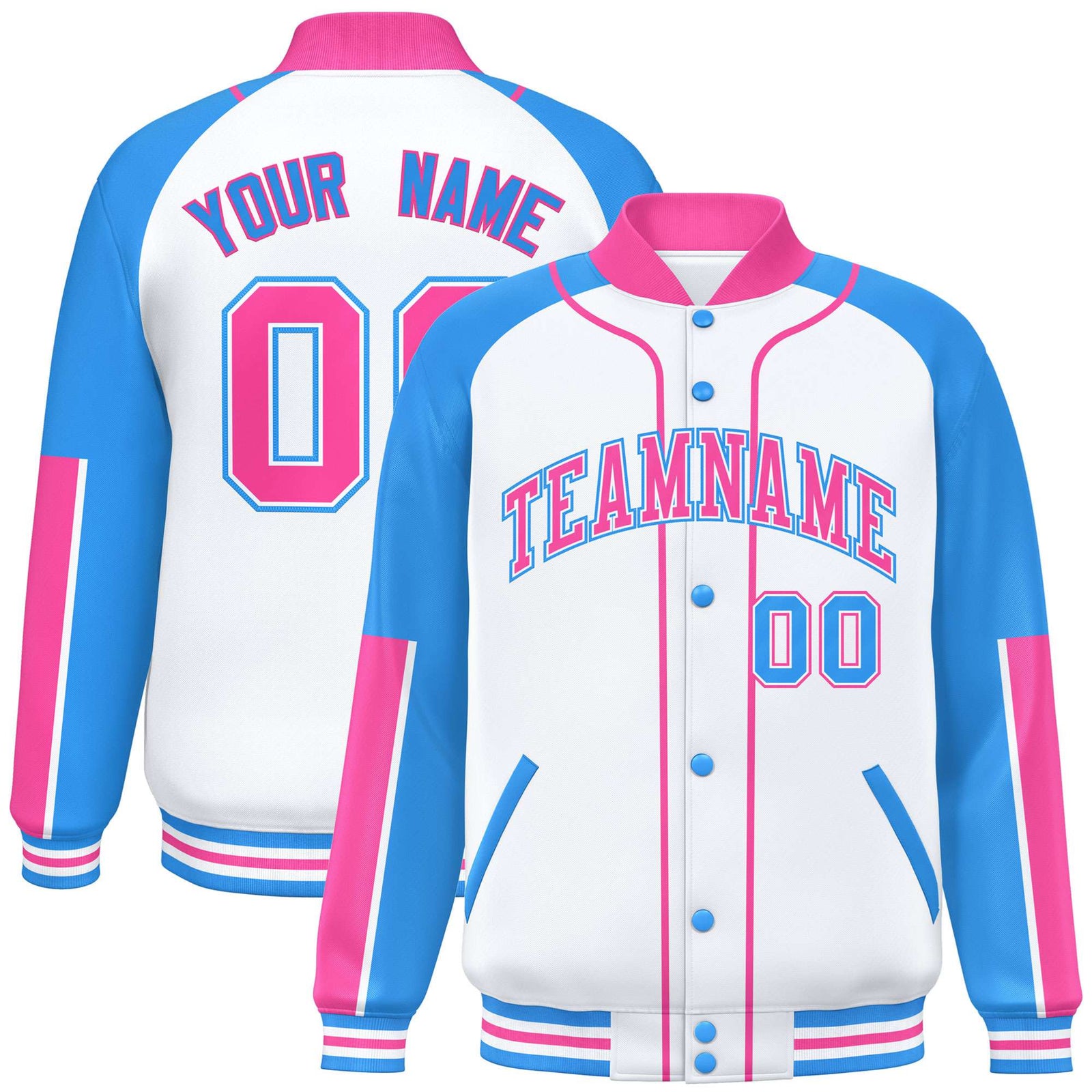 Custom White Powder Blue-Pink Varsity Full-Snap Color Block Letterman Jacket