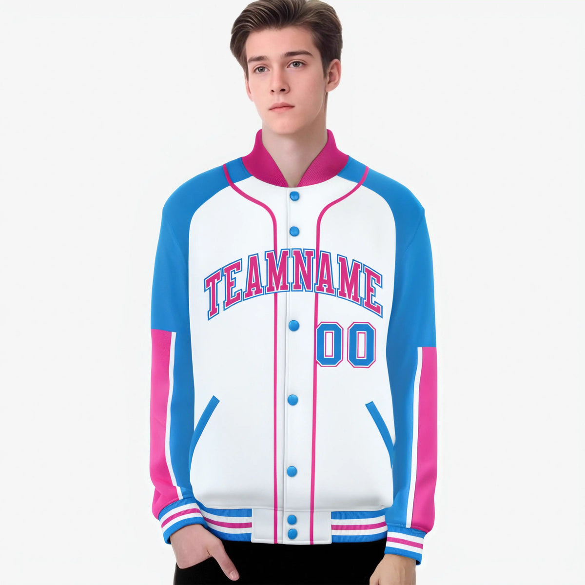 Custom White Powder Blue-Pink Varsity Full-Snap Color Block Letterman Jacket
