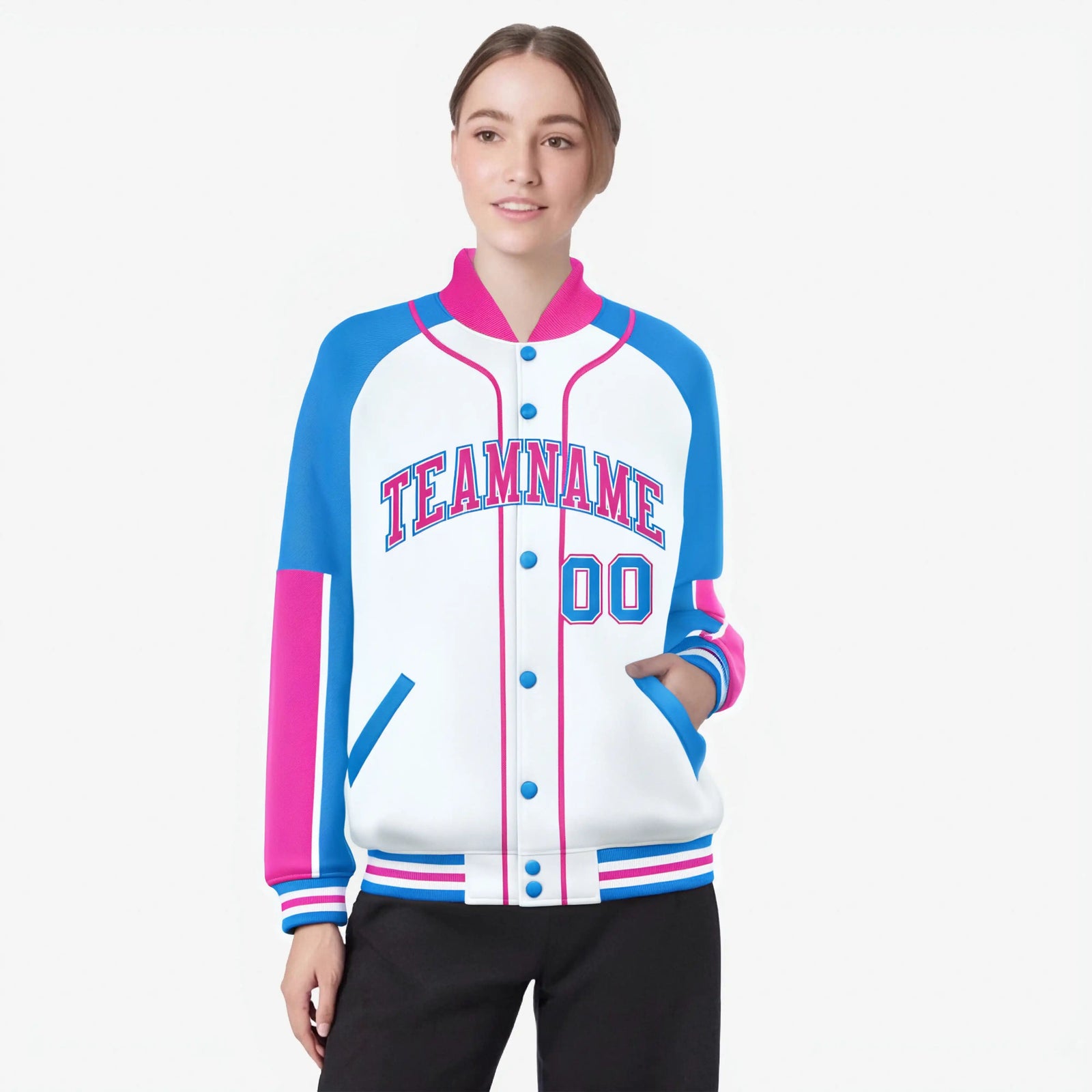Custom White Powder Blue-Pink Varsity Full-Snap Color Block Letterman Jacket