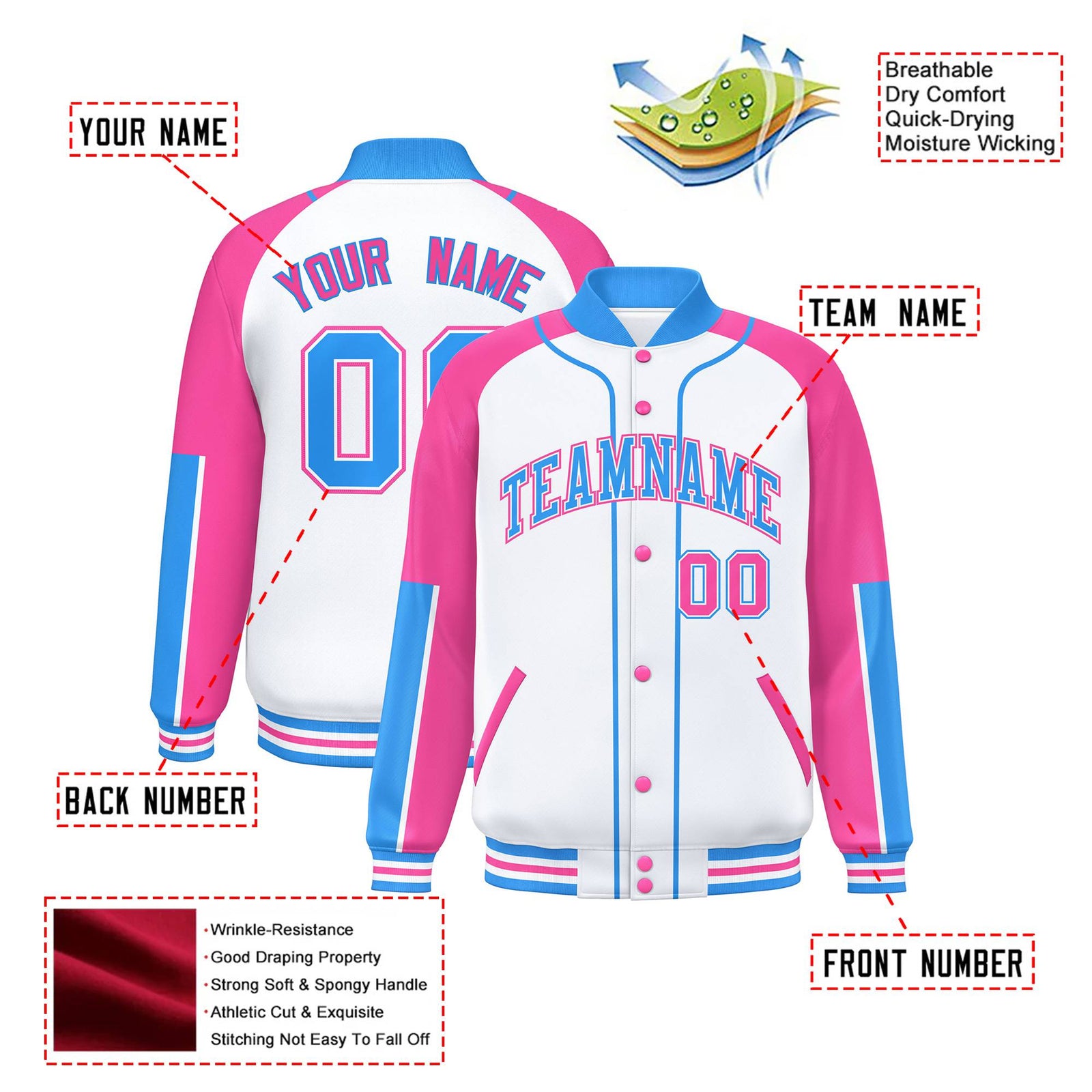 Custom White Pink-Powder Blue Varsity Full-Snap Color Block Letterman Jacket