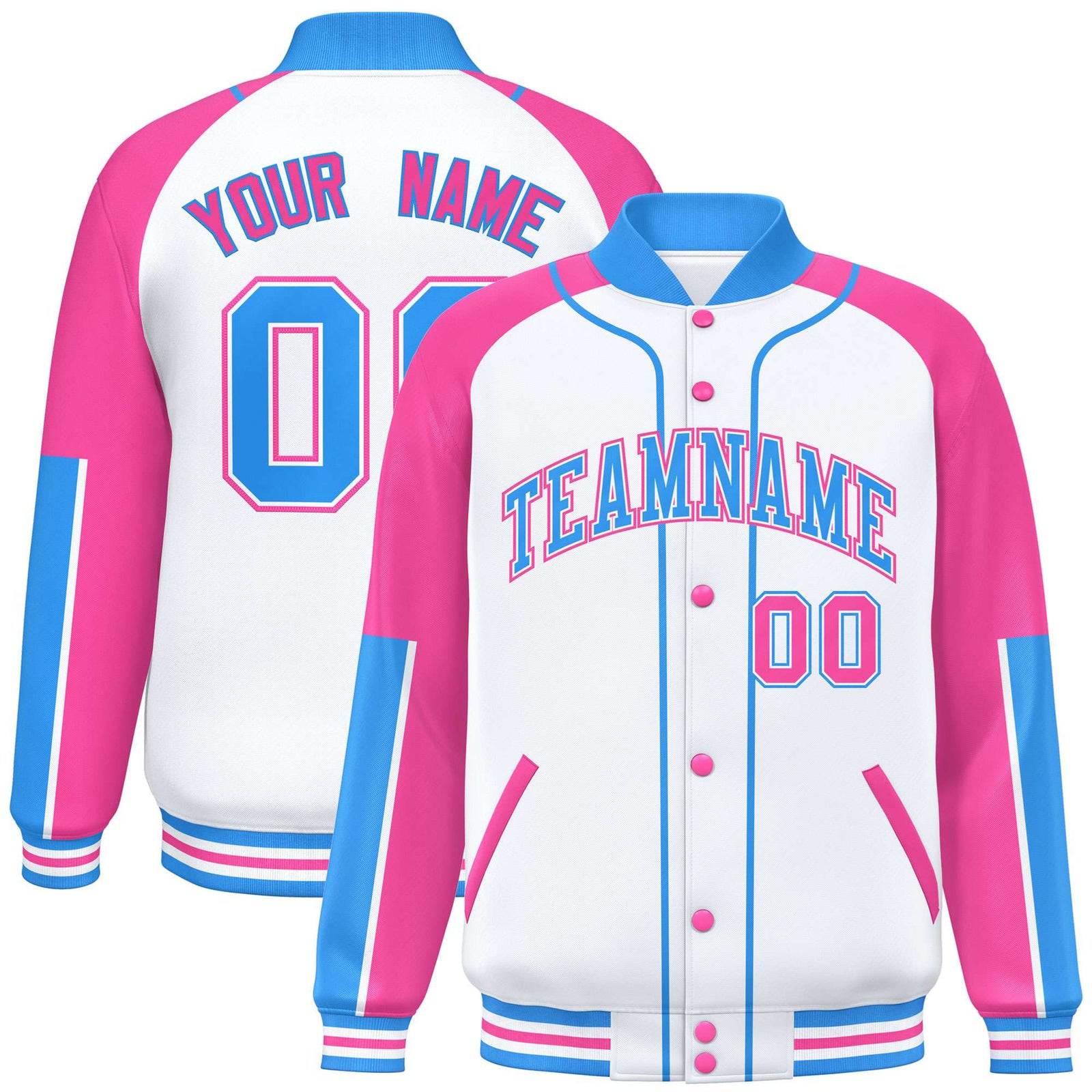 Custom White Pink-Powder Blue Varsity Full-Snap Color Block Letterman Jacket