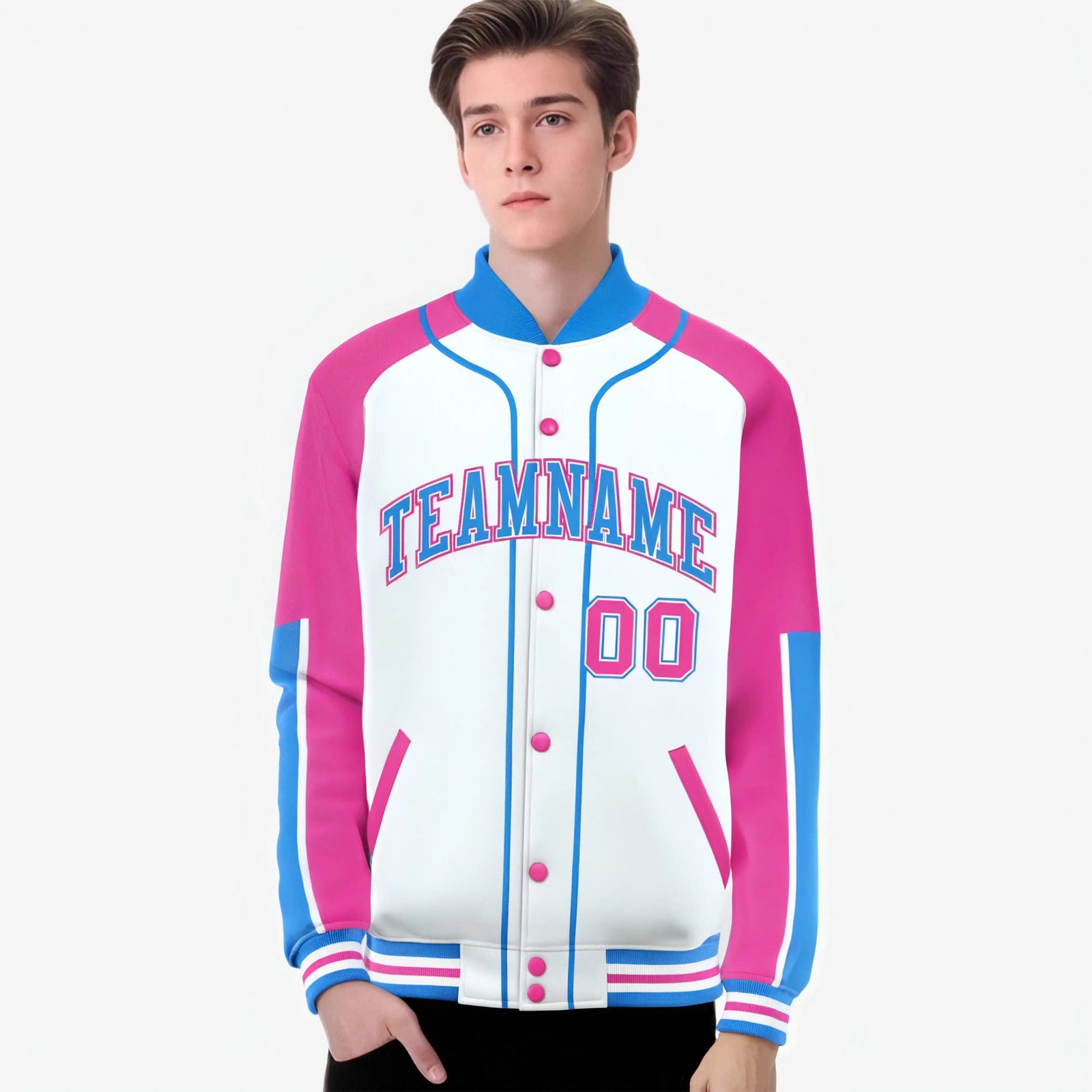 Custom White Pink-Powder Blue Varsity Full-Snap Color Block Letterman Jacket