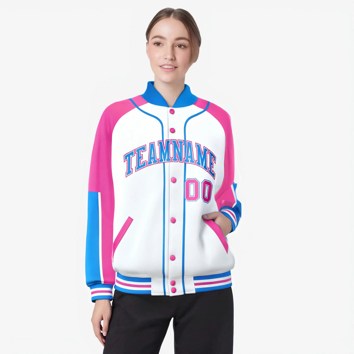 Custom White Pink-Powder Blue Varsity Full-Snap Color Block Letterman Jacket