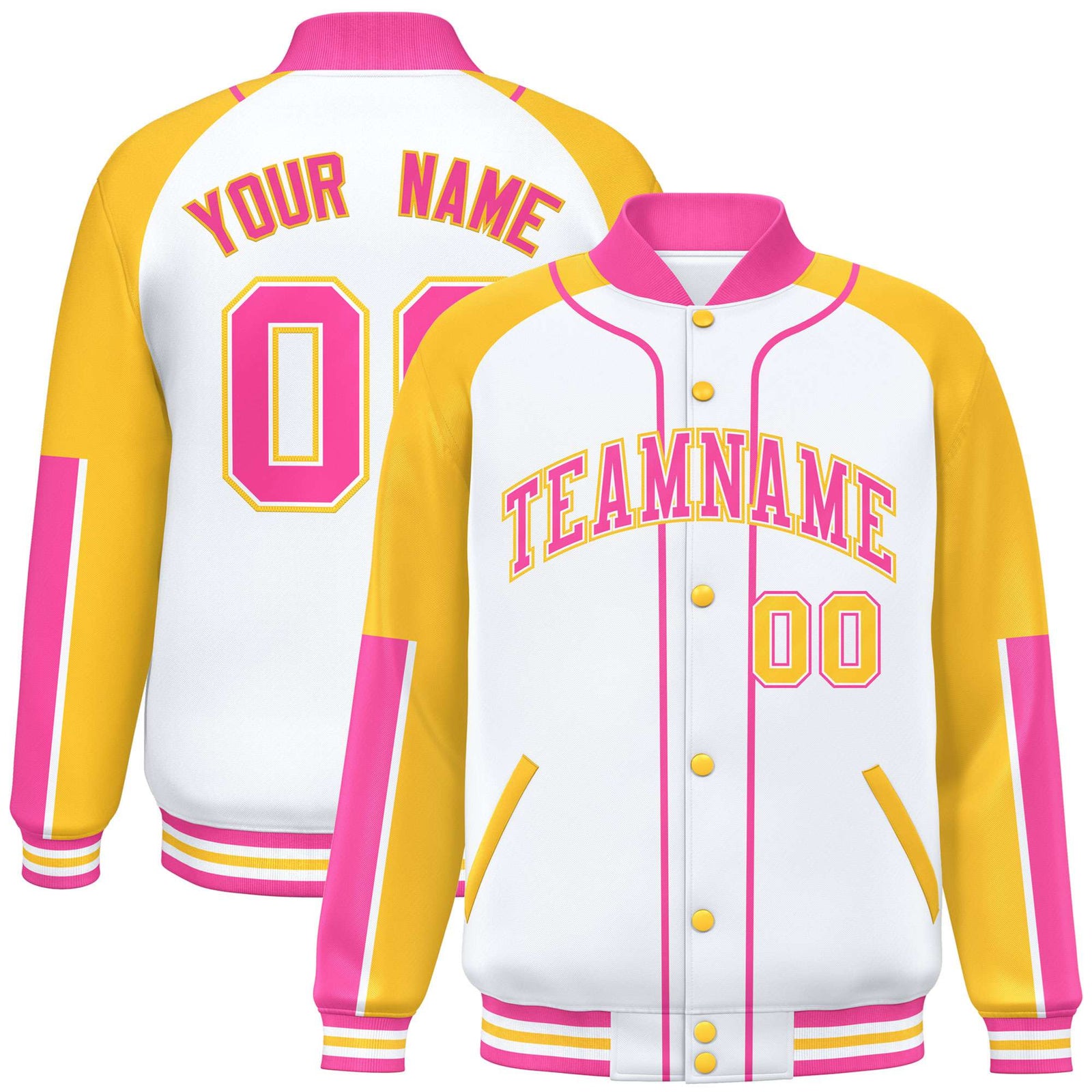 Custom White Gold-Pink Varsity Full-Snap Color Block Letterman Jacket