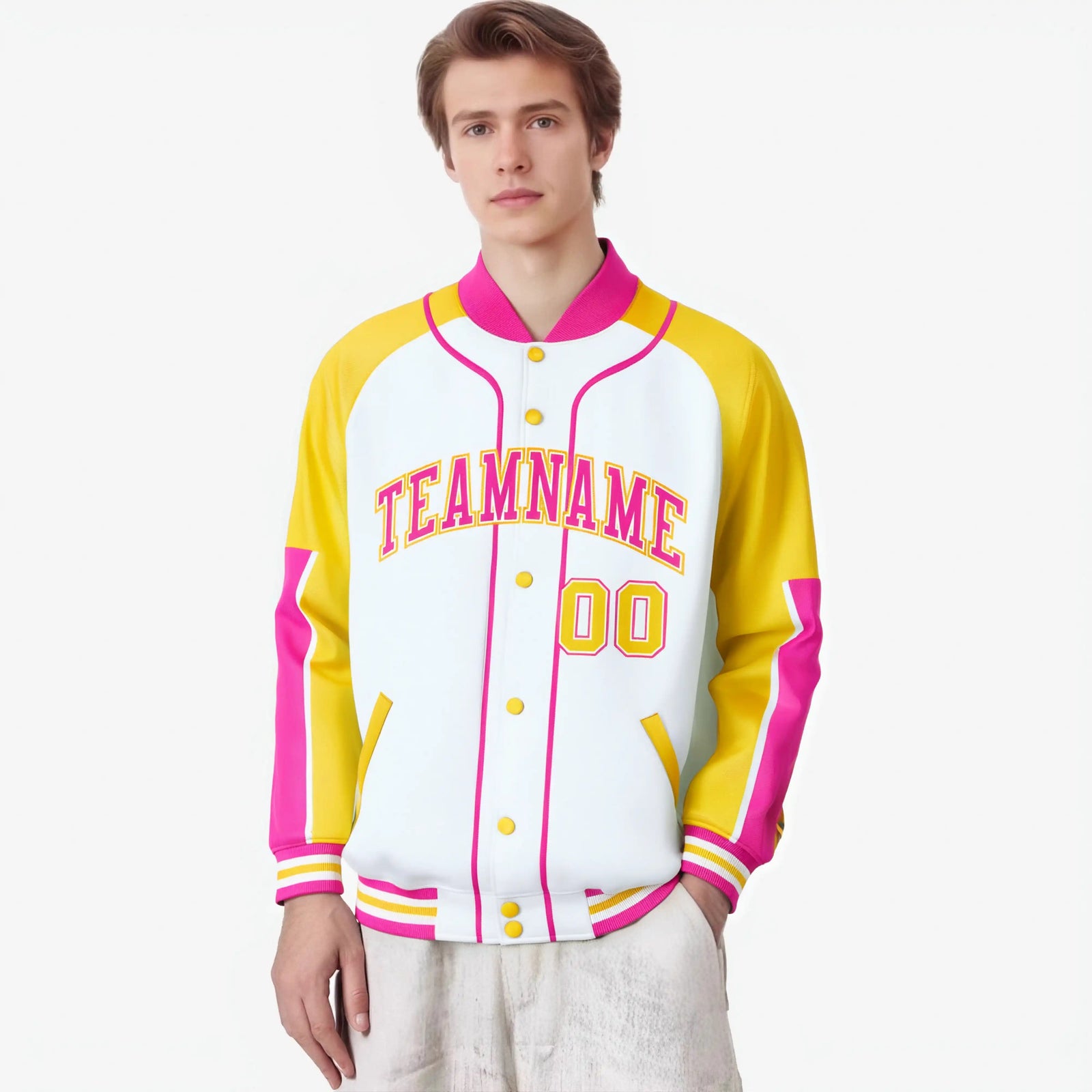 Custom White Gold-Pink Varsity Full-Snap Color Block Letterman Jacket
