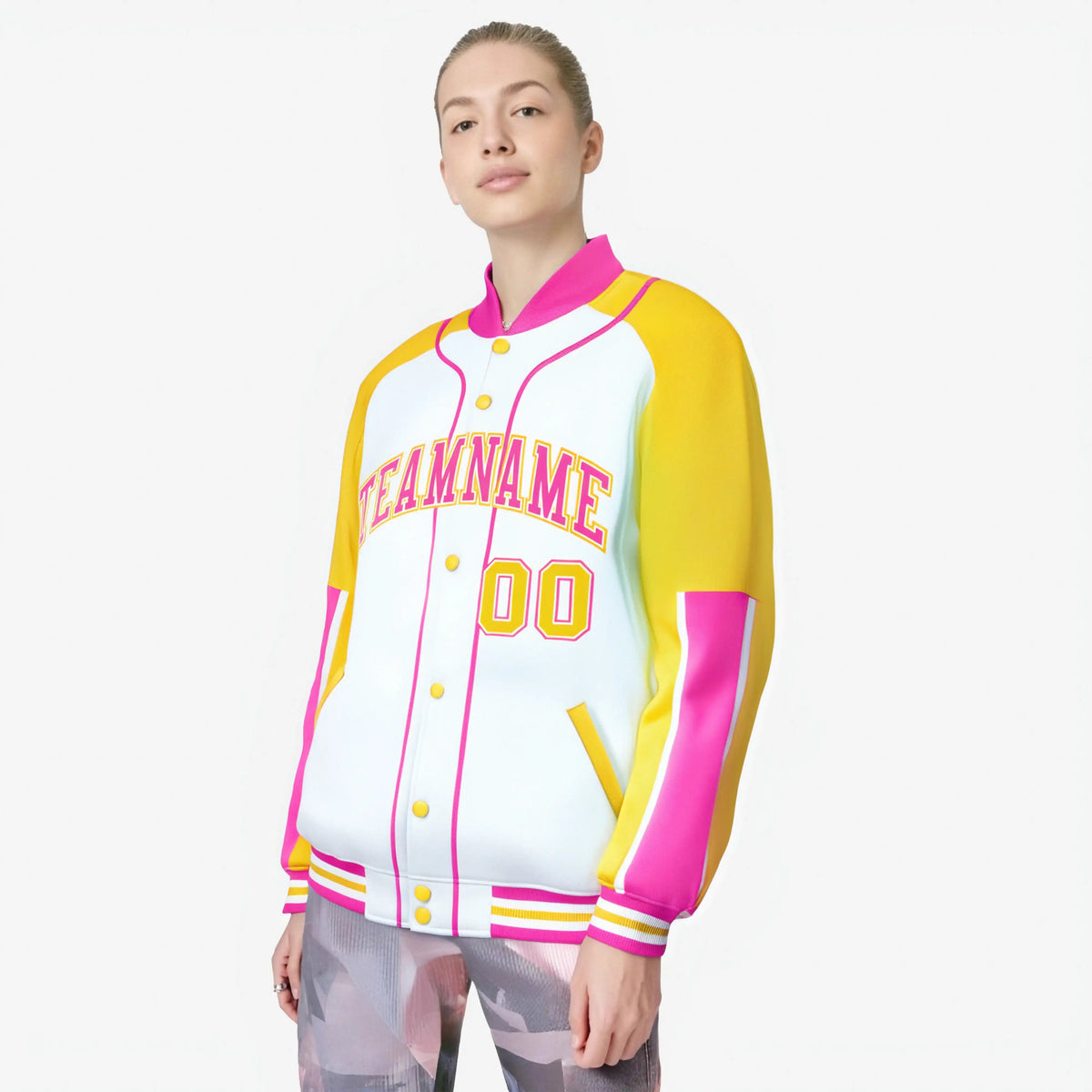 Custom White Gold-Pink Varsity Full-Snap Color Block Letterman Jacket