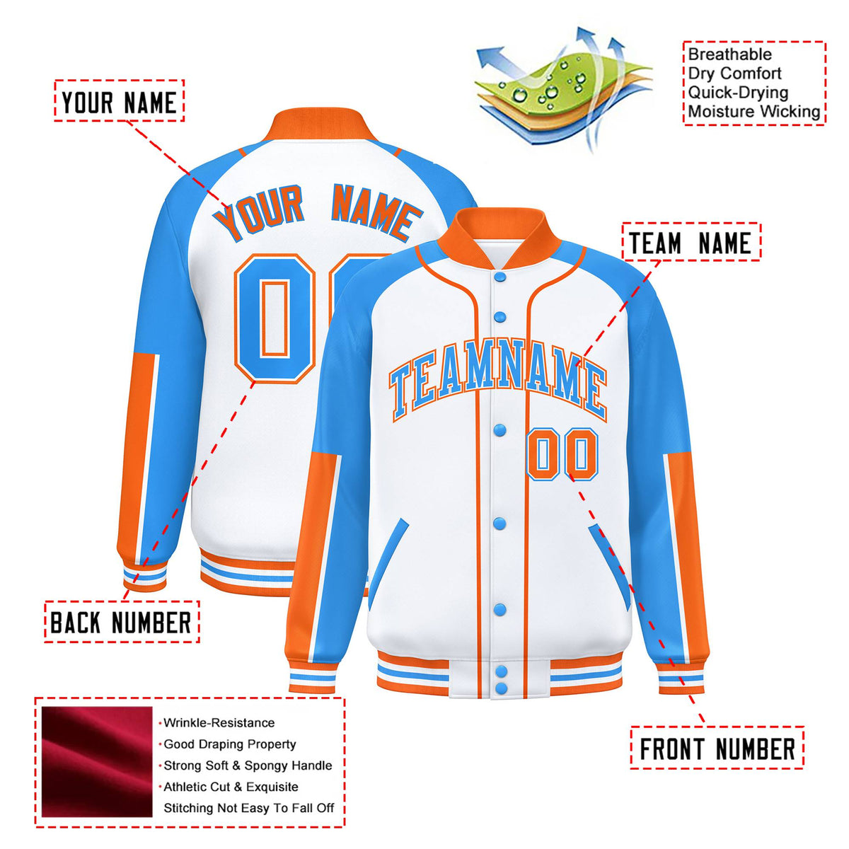 Custom White Powder Blue-Orange Varsity Full-Snap Color Block Letterman Jacket