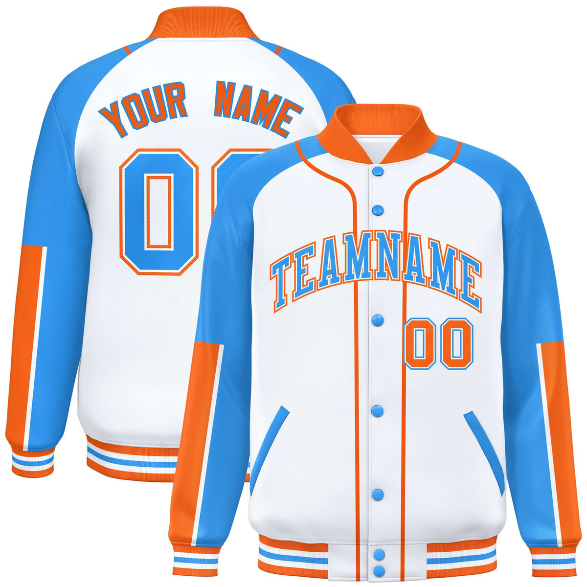 Custom White Powder Blue-Orange Varsity Full-Snap Color Block Letterman Jacket