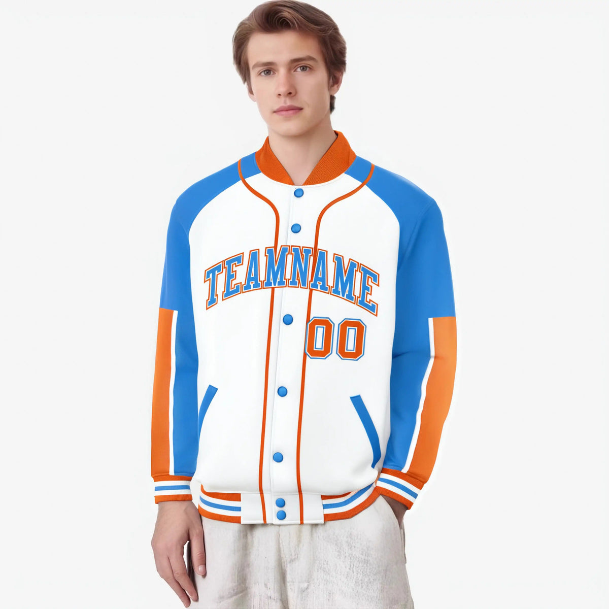 Custom White Powder Blue-Orange Varsity Full-Snap Color Block Letterman Jacket