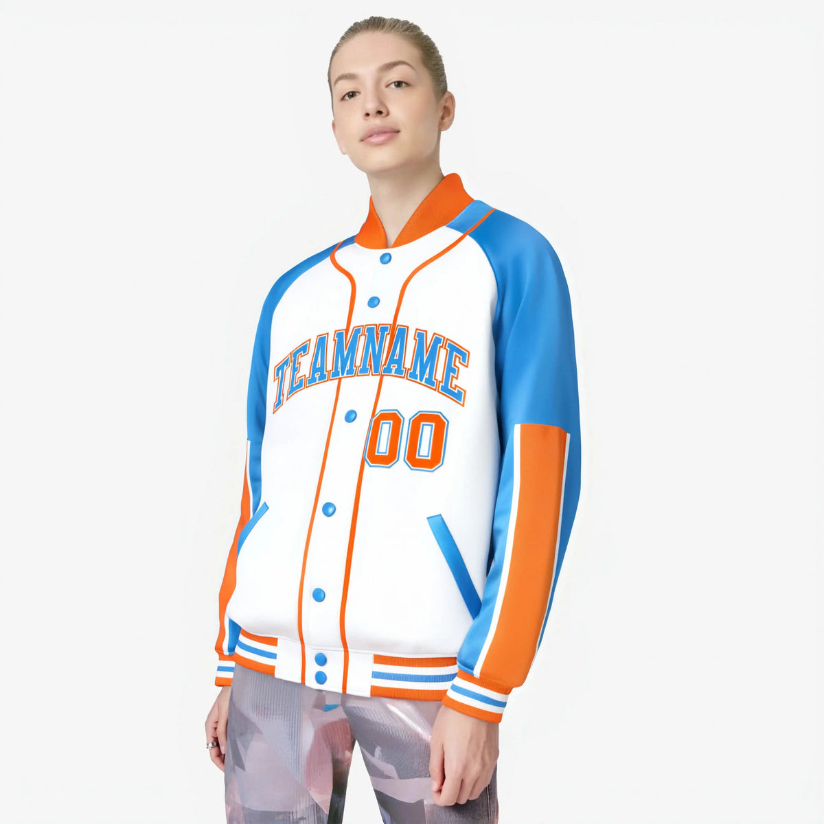 Custom White Powder Blue-Orange Varsity Full-Snap Color Block Letterman Jacket