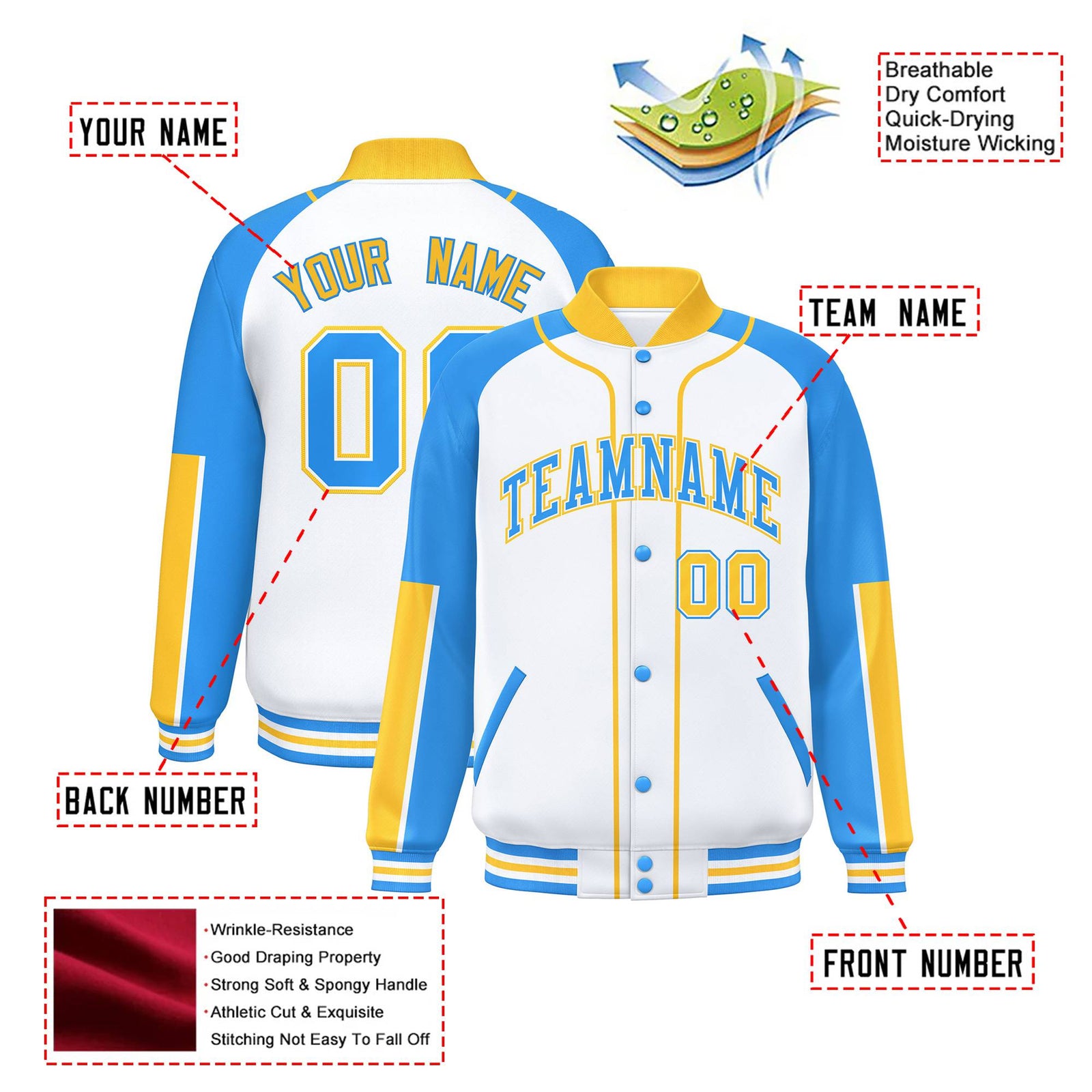 Custom White Powder Blue-Gold Varsity Full-Snap Color Block Letterman Jacket