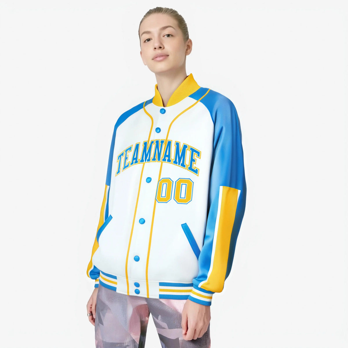 Custom White Powder Blue-Gold Varsity Full-Snap Color Block Letterman Jacket