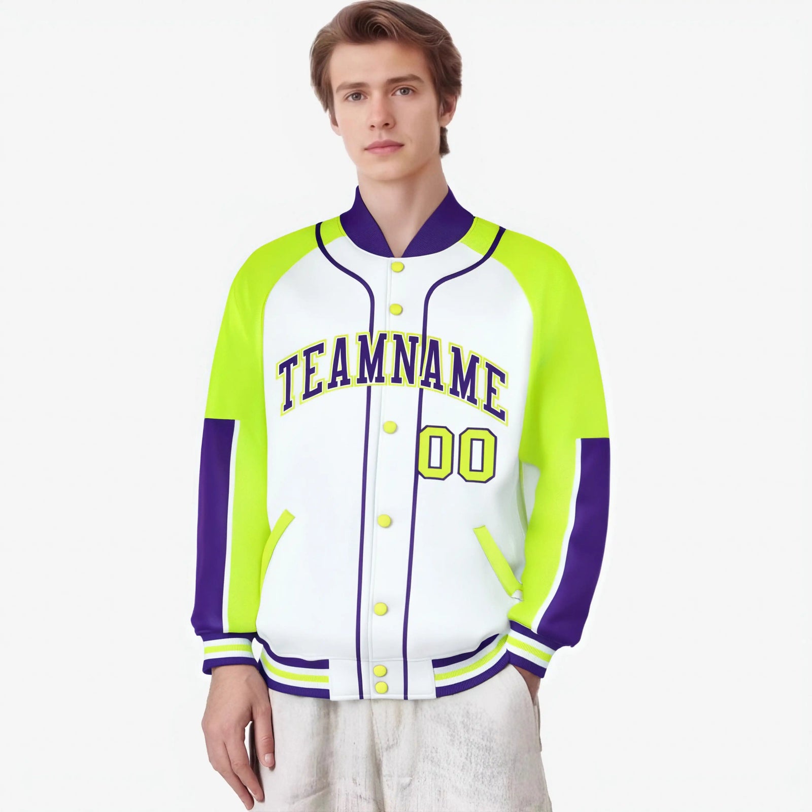 Custom White Fluorescent Green-Purple Varsity Full-Snap Color Block Letterman Jacket