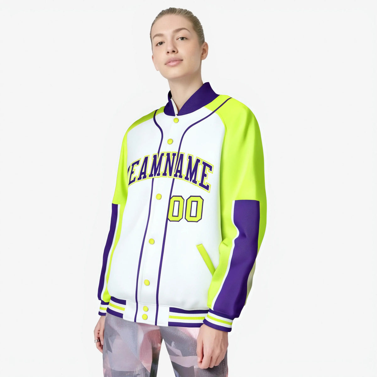 Custom White Fluorescent Green-Purple Varsity Full-Snap Color Block Letterman Jacket