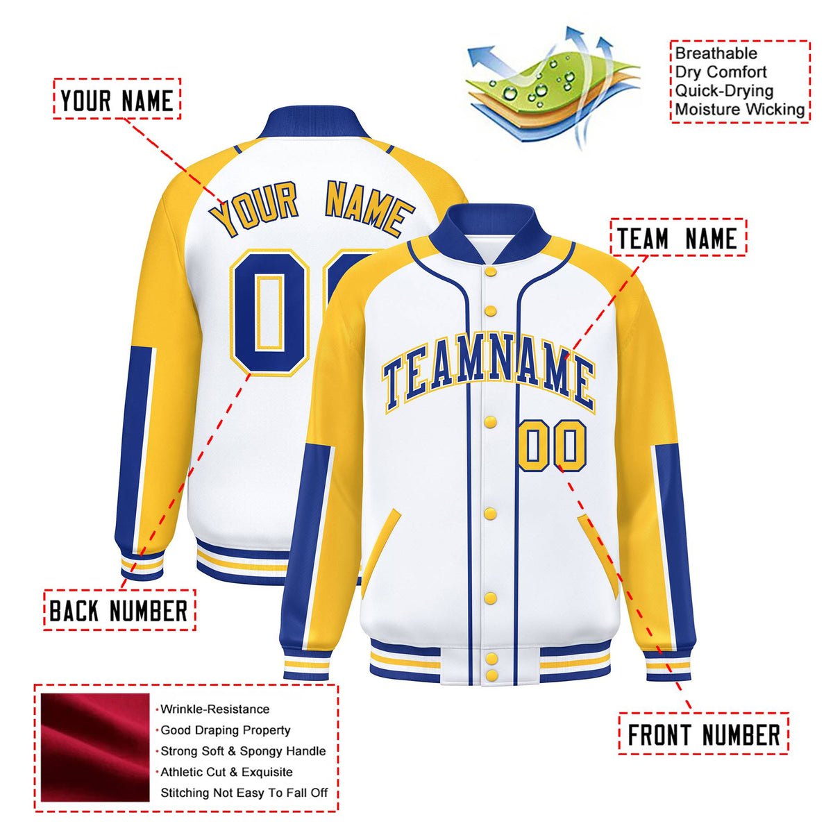 Custom White Gold-Royal Blue Varsity Full-Snap Color Block Letterman Jacket