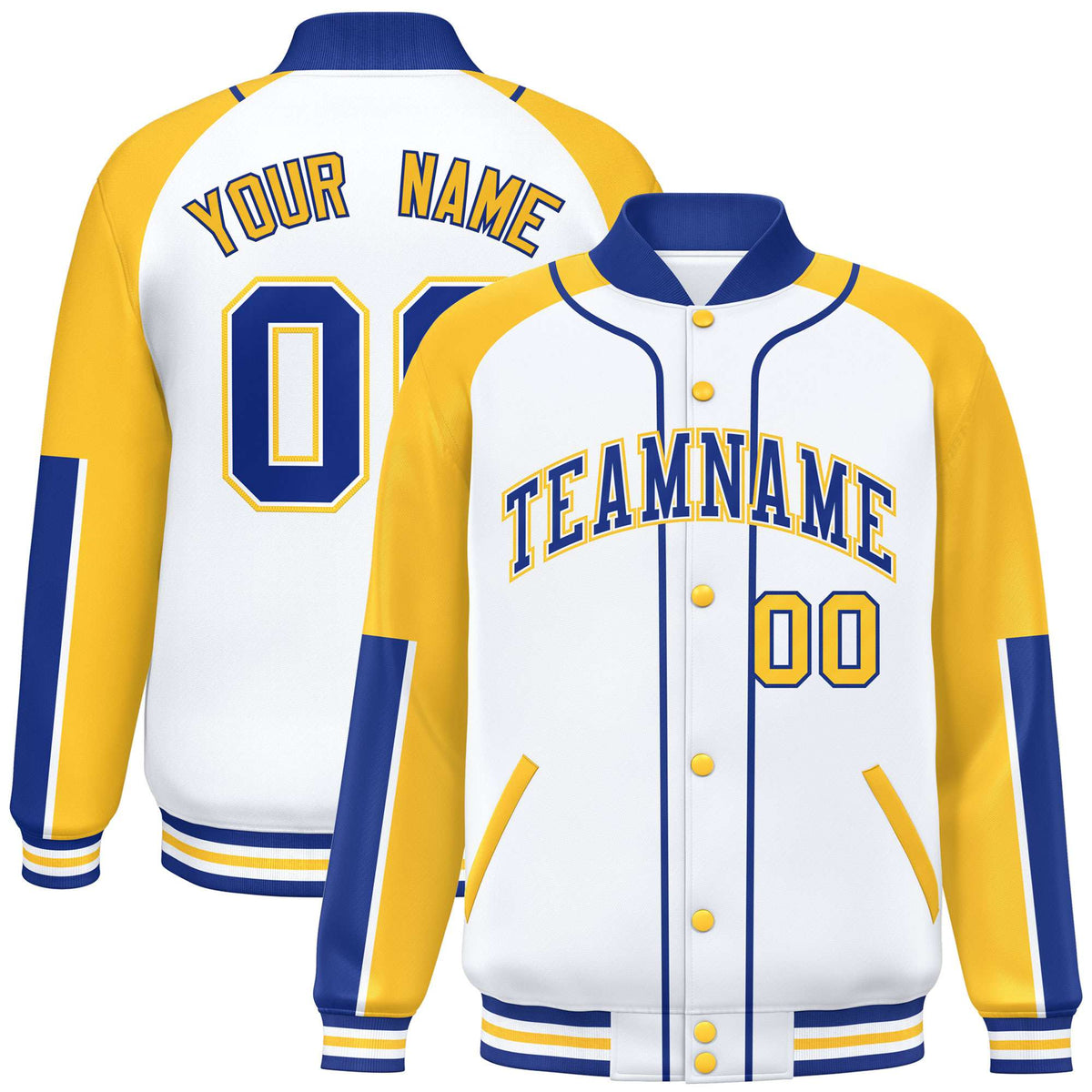 Custom White Gold-Royal Blue Varsity Full-Snap Color Block Letterman Jacket