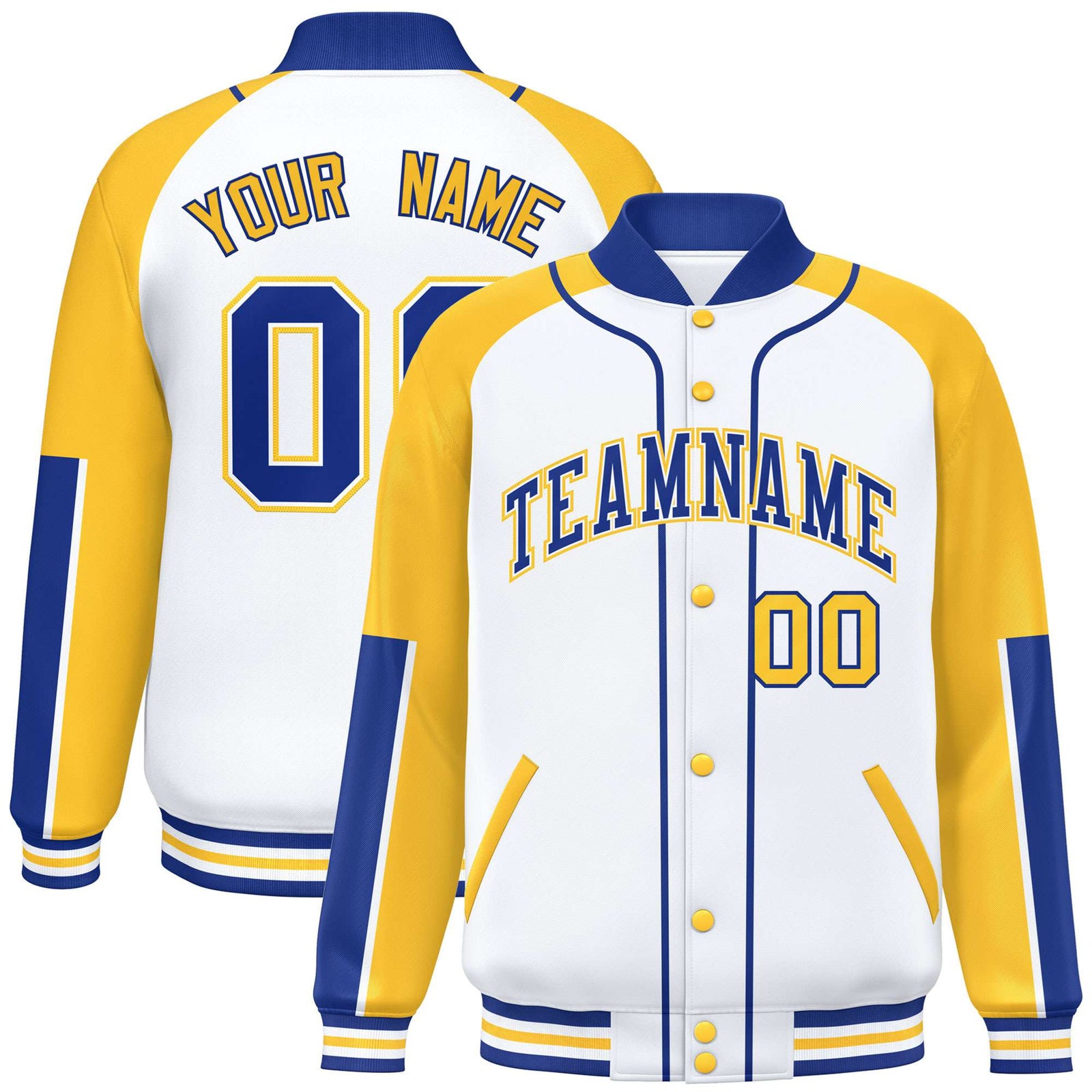 Custom White Gold-Royal Blue Varsity Full-Snap Color Block Letterman Jacket