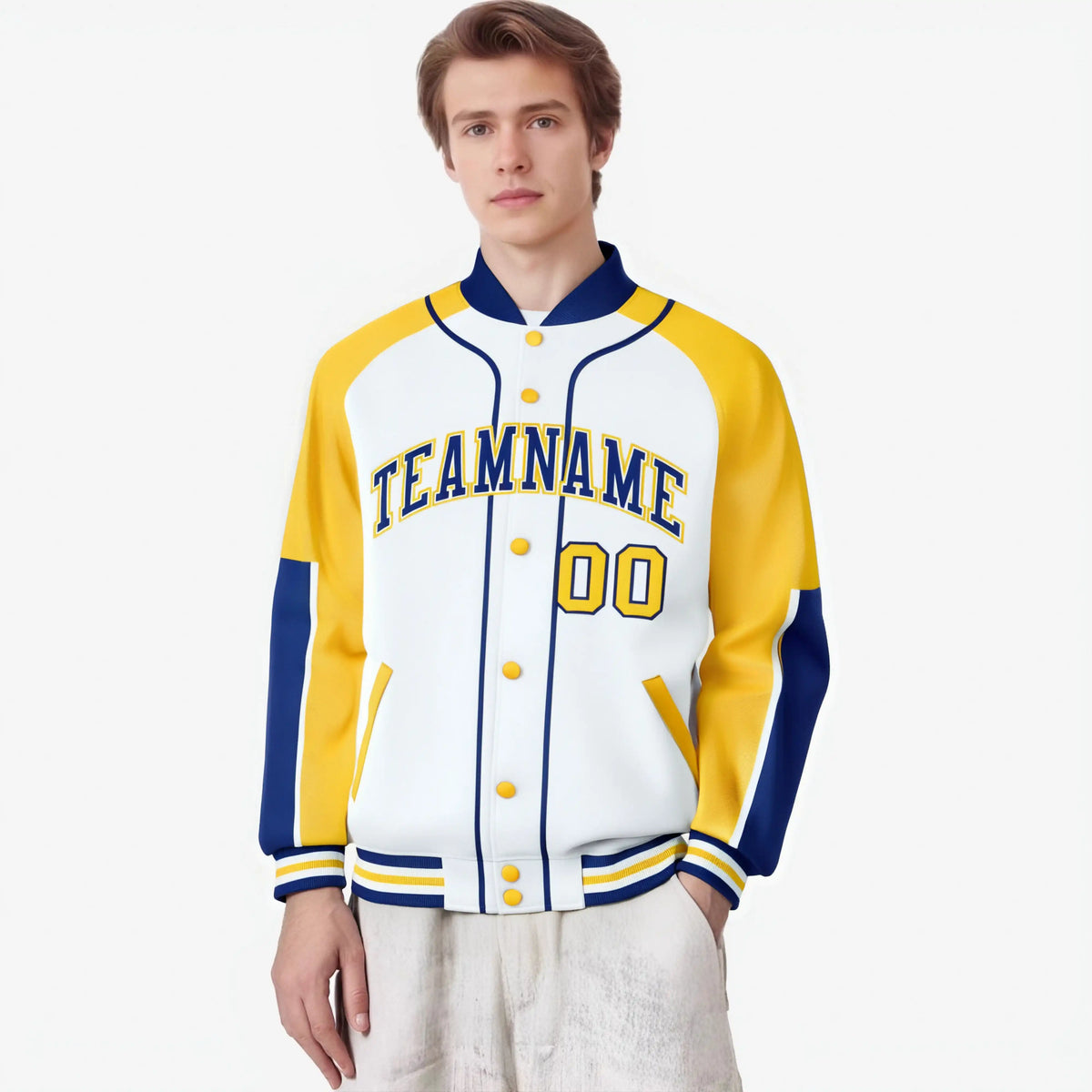 Custom White Gold-Royal Blue Varsity Full-Snap Color Block Letterman Jacket